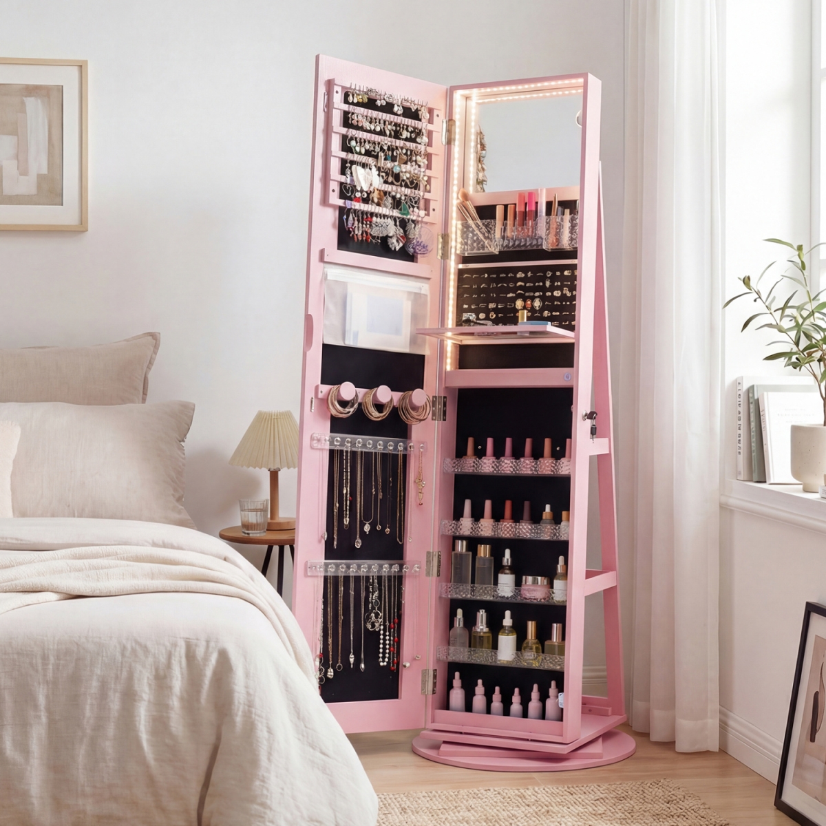 JV11246US-PI Standing Jewelry Cabinet with Adjustable LED Lights - Pink