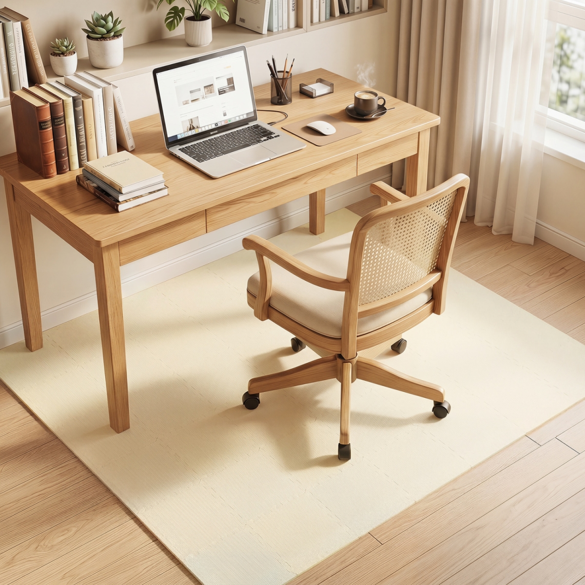 HZ10636MS-18 Interlocking EVA Foam Floor Tiles Mat with Borders - Beige - Pack of 18