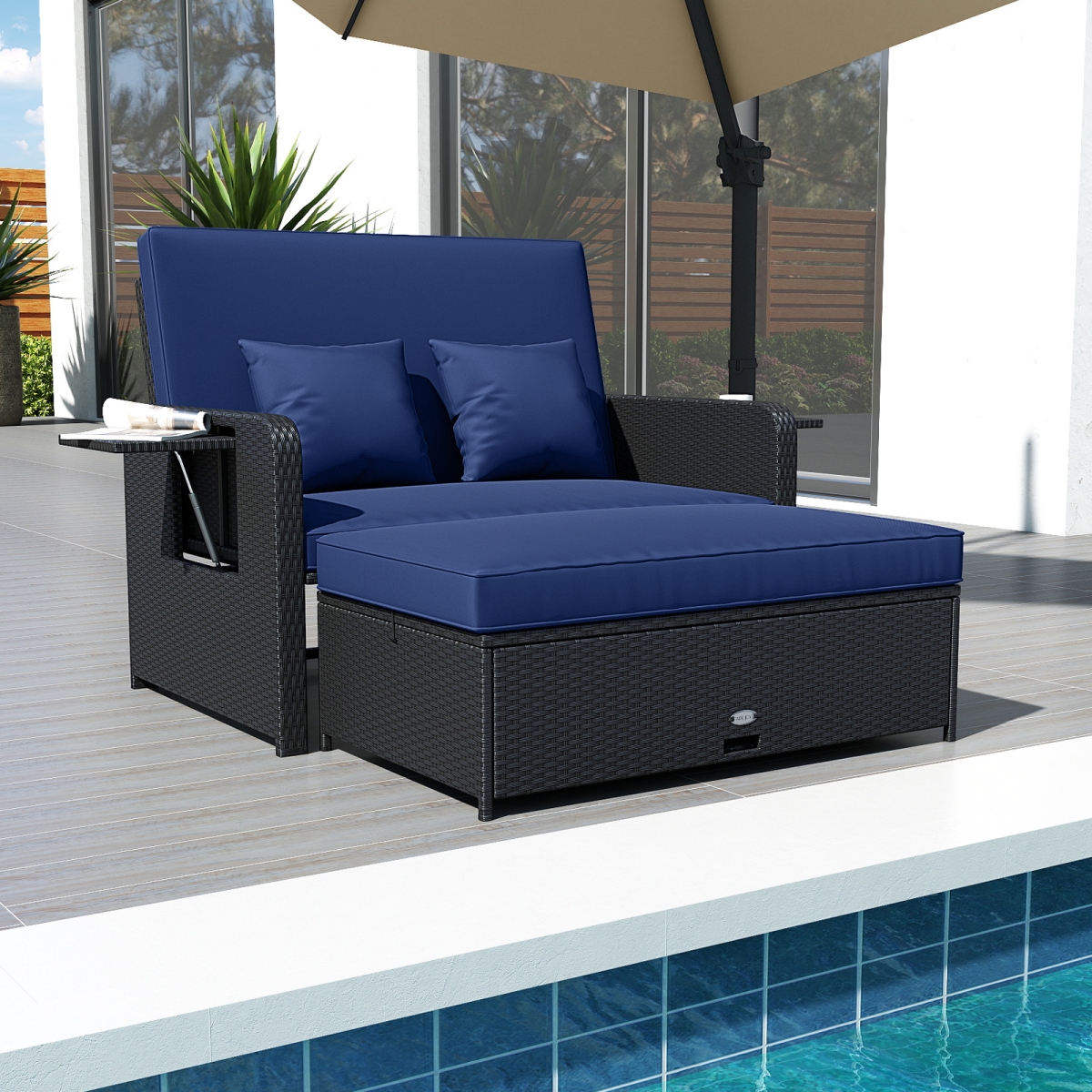 HW75136NY PE Wicker Outdoor Daybed with 4-Level Adjustable Backrest & Storage Ottoman - Navy