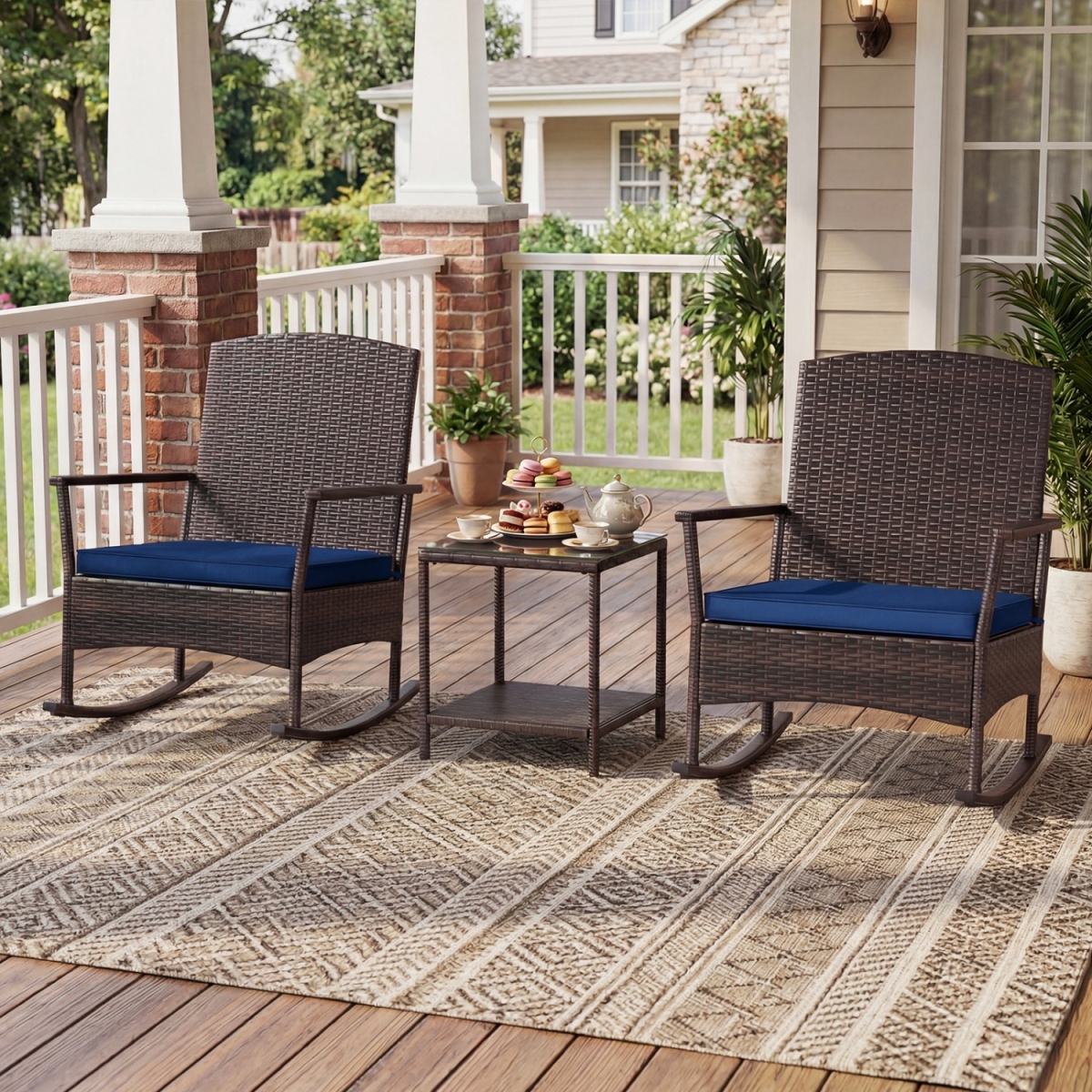 HW75578NY Patio Rocking Set Wicker Rocking Chairs with 2-Tier Coffee Table - Navy - 3 Piece