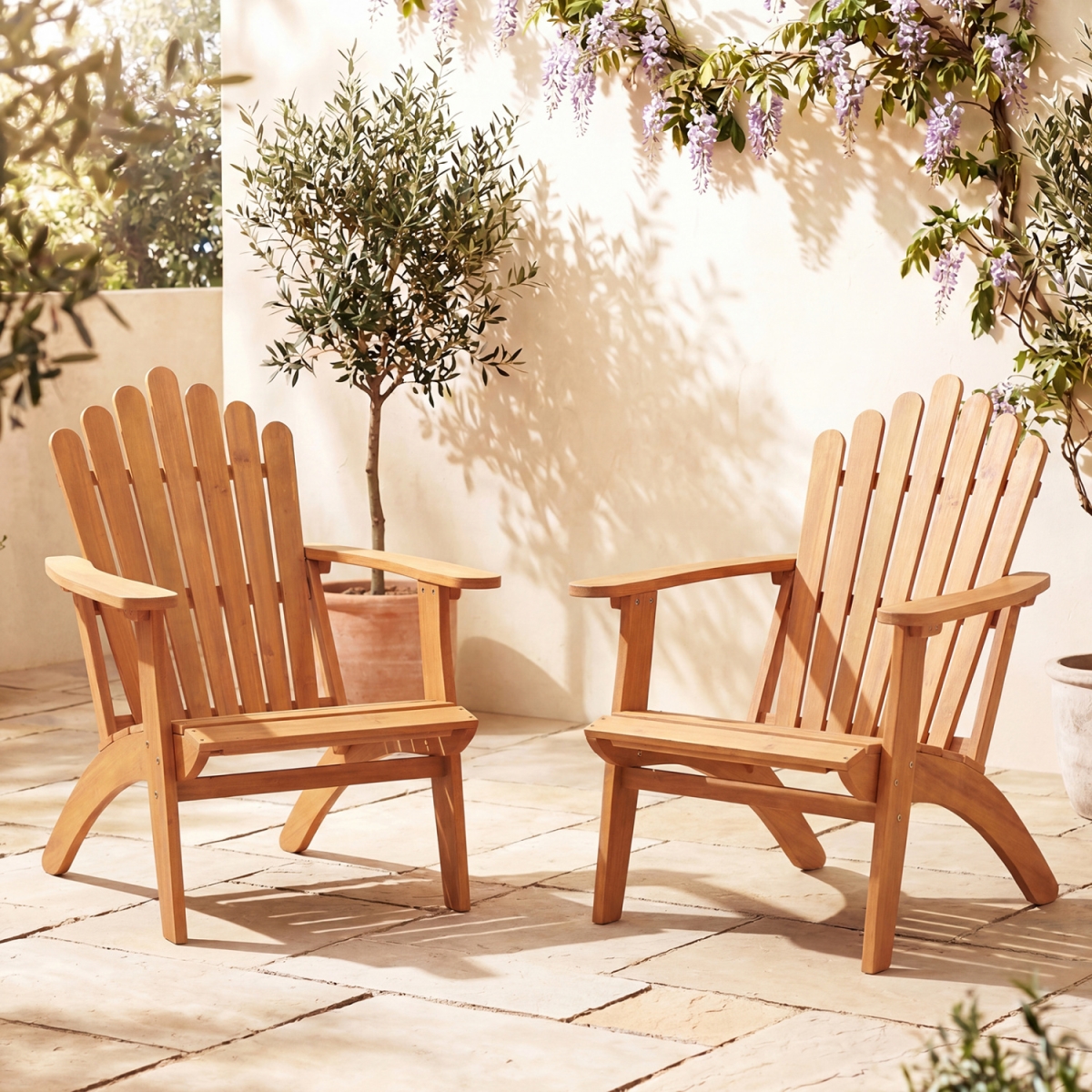 HW76046OR-2 Stackable Adirondack Chairs with Solid Acacia Wood for Patio - Natural - Pack of 2