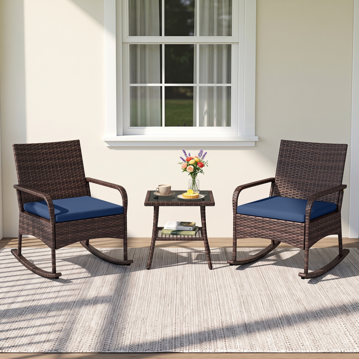 HW76103NY PE Wicker Rocking Bistro Set with 2-Tier Side Table Cushions & Ergonomic Armchairs for Porch - Navy - 3 Piece