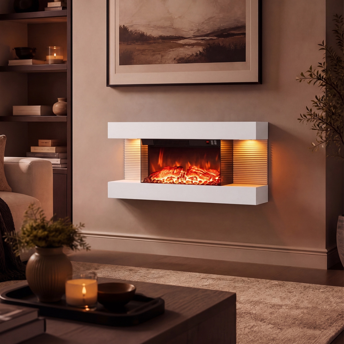 FP11227US-32WH 3-Sided Wall Mount Electric Wi-Fi Fireplace with Floating Mantel & 12 Flame Ambient Colors - White - 32 in.