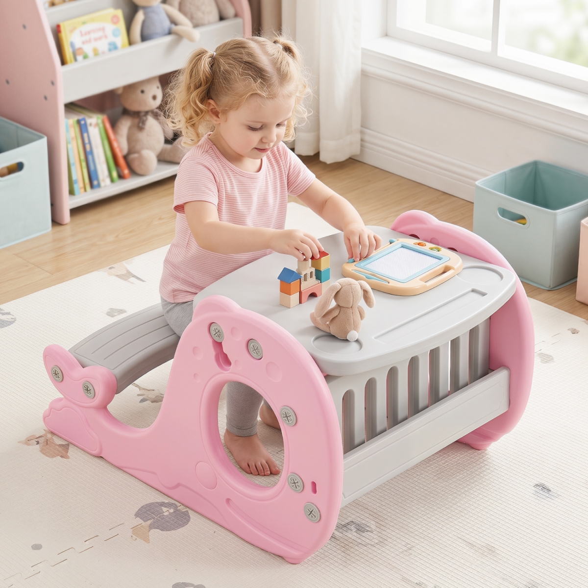 HY10180FH Convertible Kids Activity Table Set Toddler Easel with Erasable Whiteboard - Pink