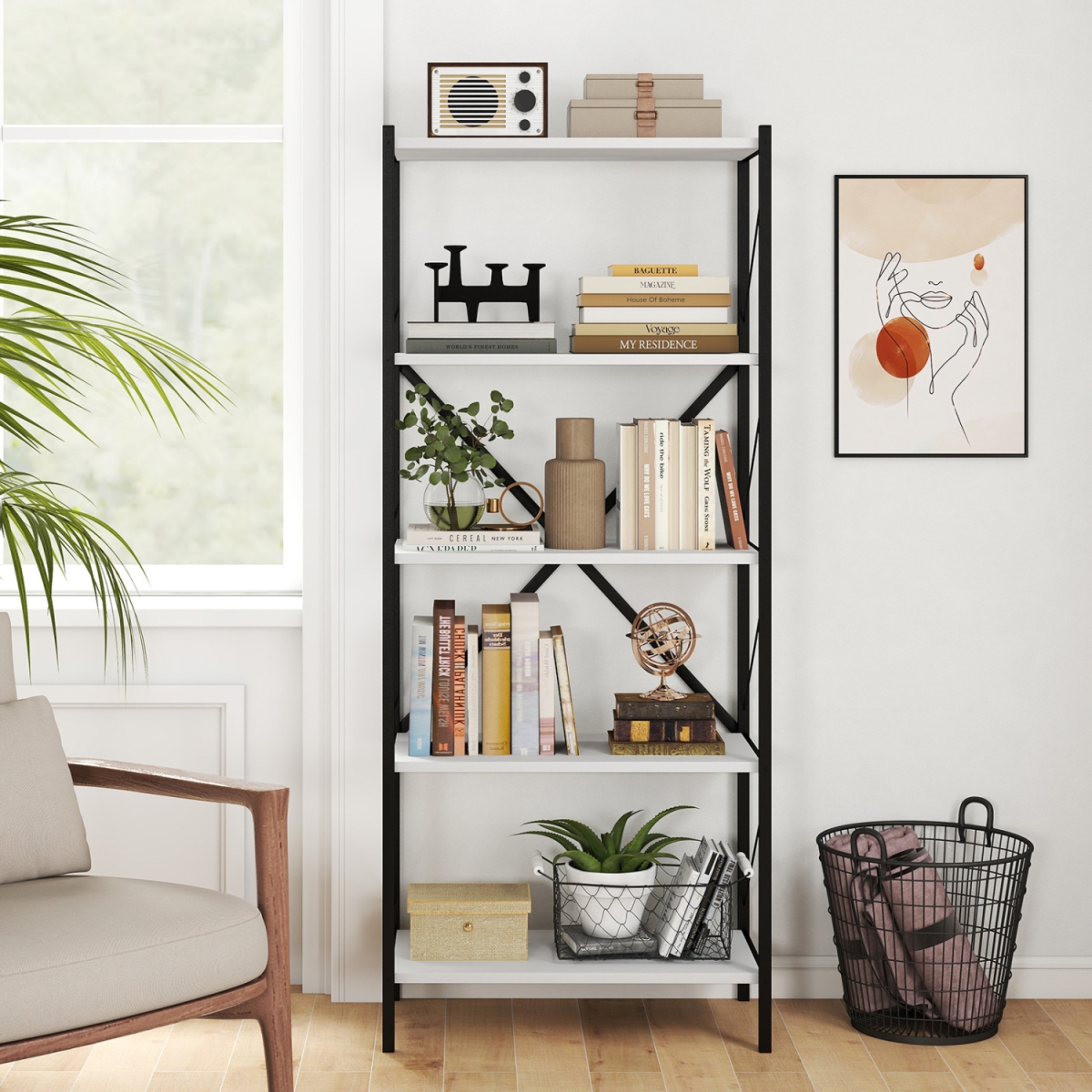 JV13800BS 5-Tier Tall Bookshelf Industrial Bookcase with Heavy-Duty Metal Frame Modern Storage - White