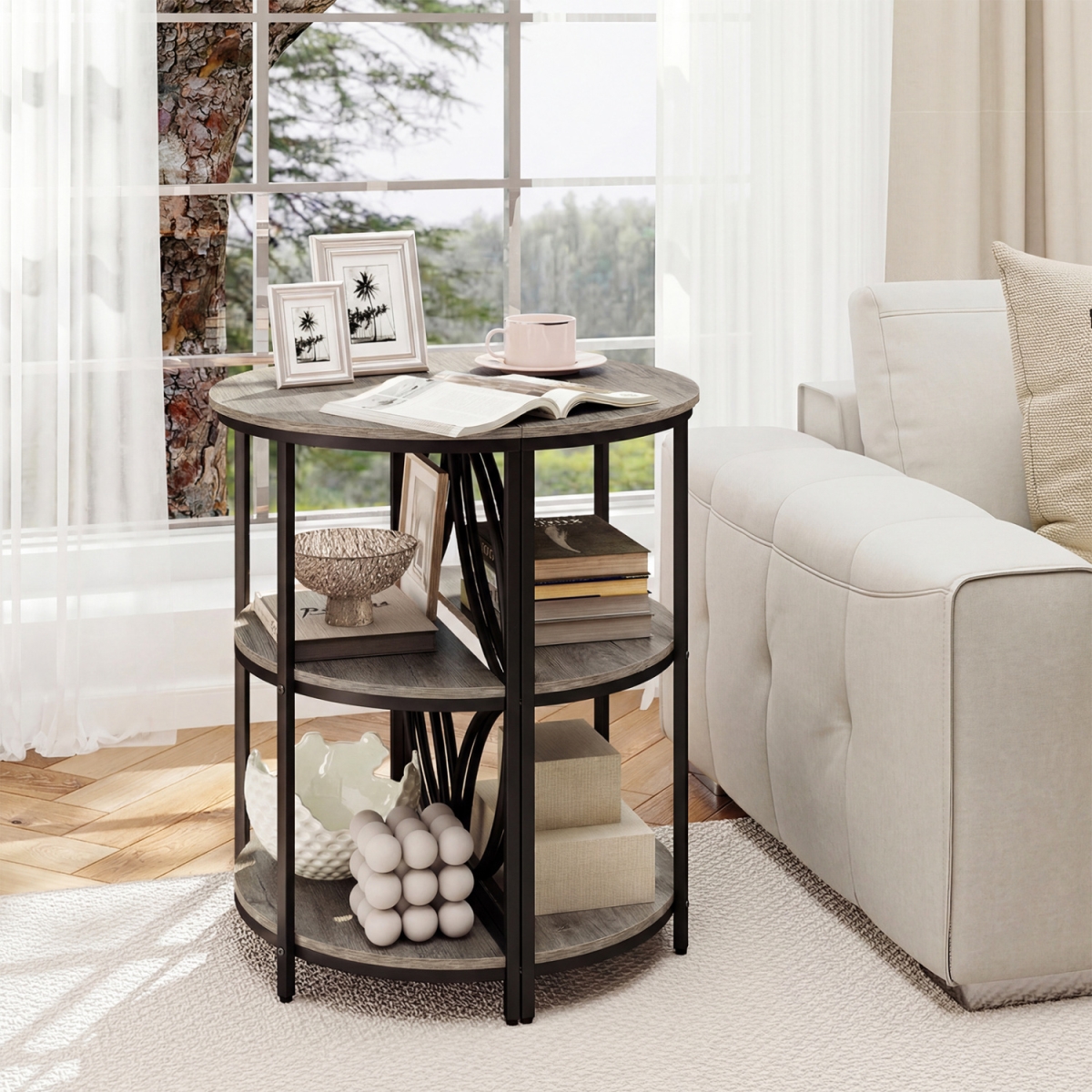 JV13931GR-2 Narrow Side Table with Study Metal Frame & Storage Shelves - Gray