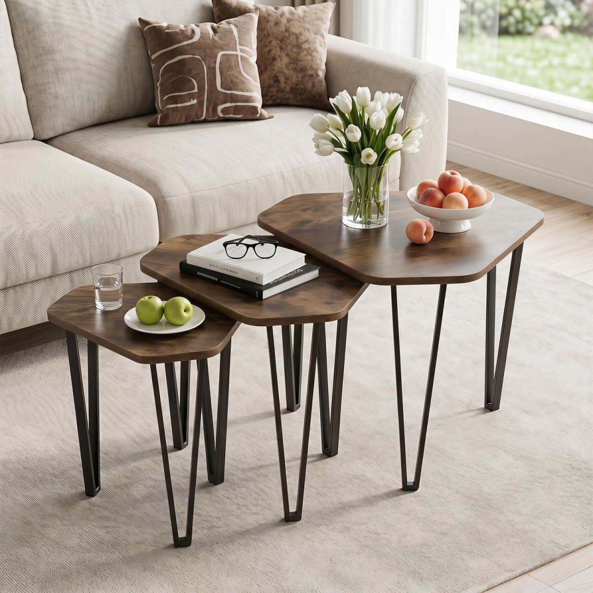 JV13966CF Nesting Coffee Tables with Engineered Wood Top & Metal Frame for Living Room - Rustic Brown - Set of 3