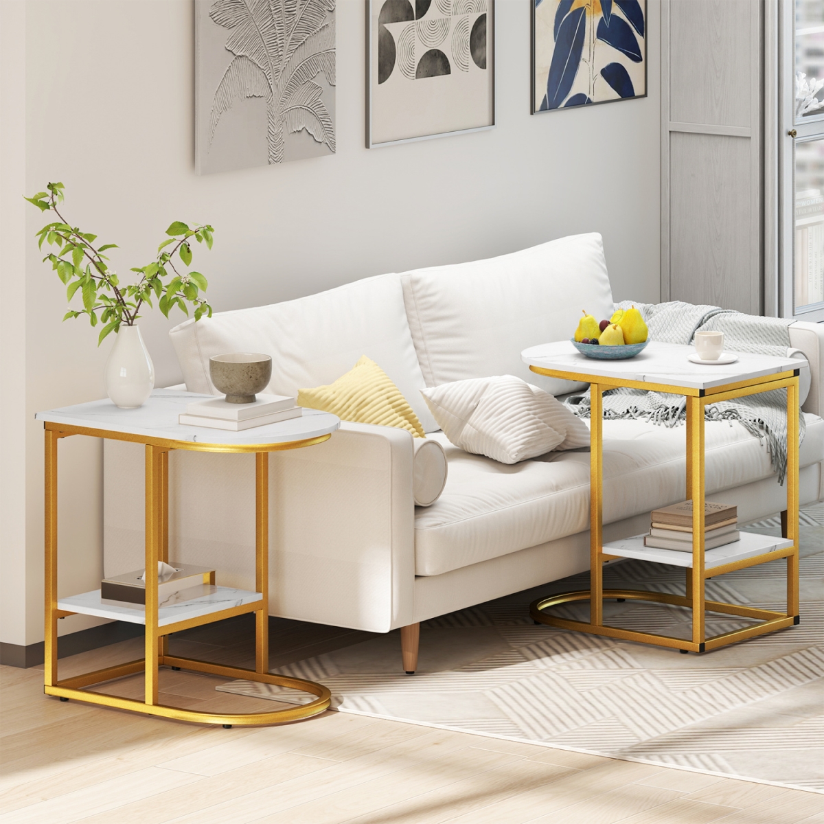 JV13978WH-2 C-Shaped Modern Sofa Side Table with Storage Shelf Faux & Marble Tabletop - White