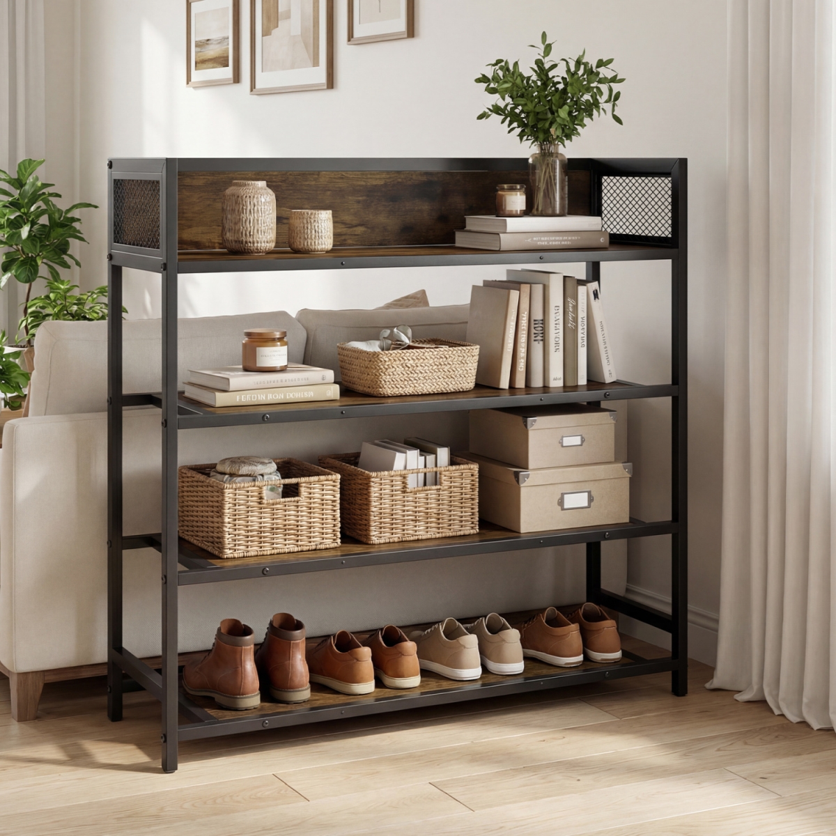 JV13984CF 4-Tier Shoe Rack Industrial Shoe Organizer with Heavy Duty Metal Frame - Rustic Brown