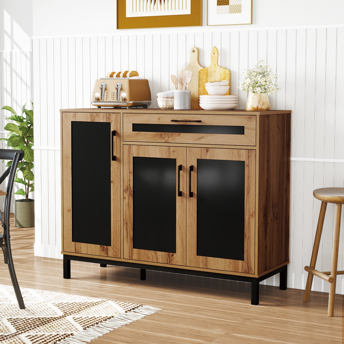 JV13636NA 48 in. Sideboard Buffet Cabinet with Drawer & Metal Legs - Natural