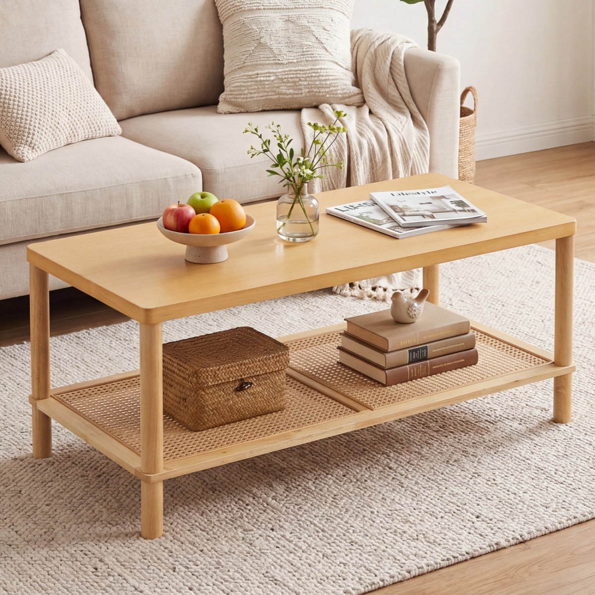 JV13652NA 2-Tier Boho Coffee Table for Living Room Rectangular Center Table with Rubber Wood Frame & PVC Rattan Storage Shelf - Natural