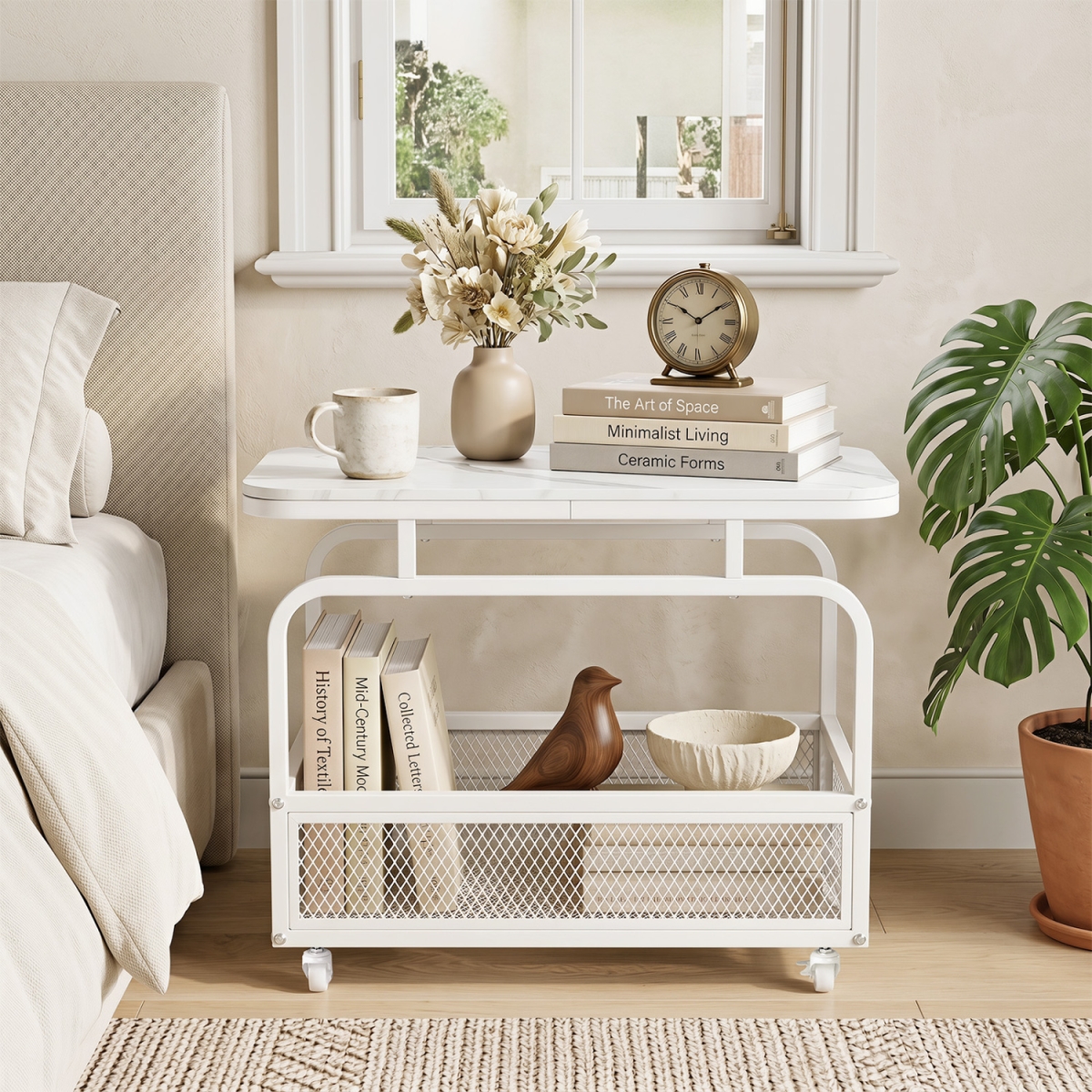 JV14007WH Rolling Side Table 2-Tier Narrow End Table with Mesh Storage Basket - White