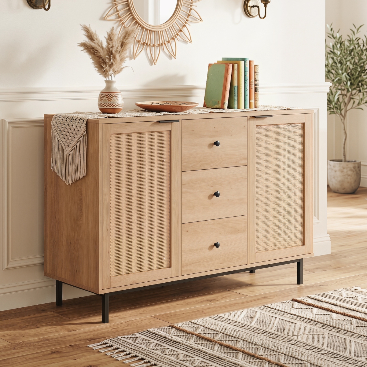 JV14160NA Sideboard Buffet Cabinet Rustic Farmhouse Coffee Bar Table with 2 Rattan Doors & 3 Drawers - Natural