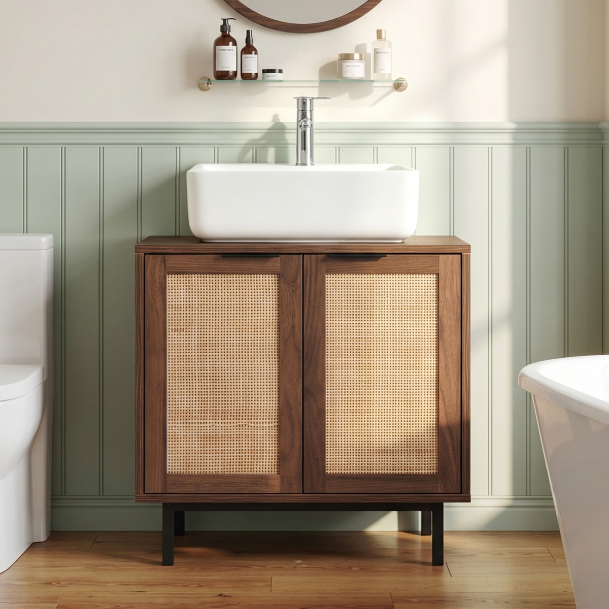 JV14166BN Bathroom Vanity Cabinet with U-Shaped Cut-Out 2 Rattan Doors & Shelf - Brown