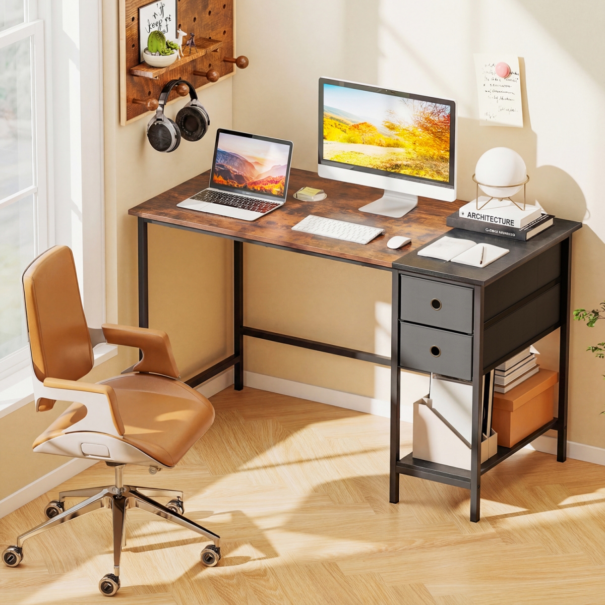 JV13685CF 48 in. Computer Desk with 2 Fabric Drawers Industrial Home Office Desk - Rustic Brown