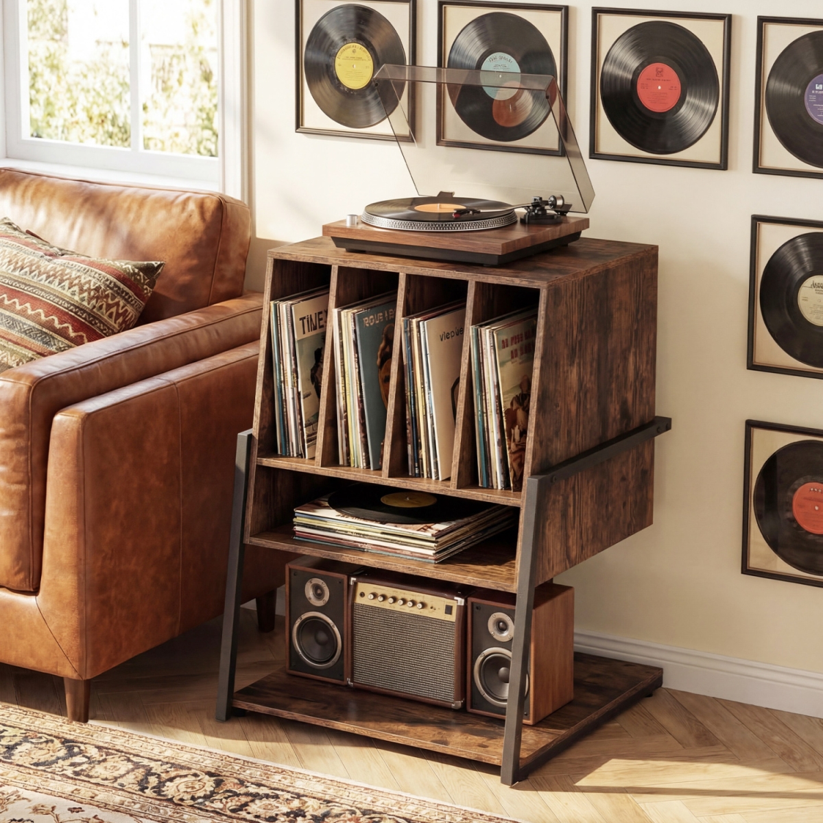 JV13715US-CF Record Player Stand on Wheels Rolling Turntable Stand with Power Outlets - Rustic Brown