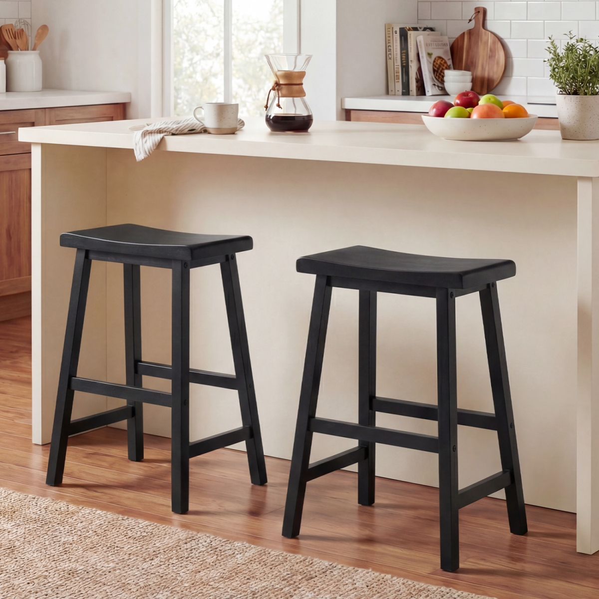 JV13794DK-2 24 in. Counter Height Stools Solid Wood Saddle Bar Stools - Black - Set of 2