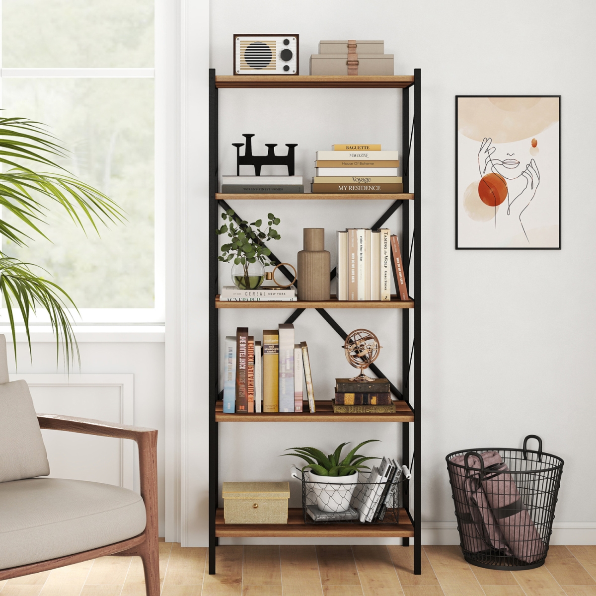 JV13800WN 5-Tier Tall Bookshelf Industrial Bookcase with Heavy-Duty Metal Frame Modern Storage - Walnut
