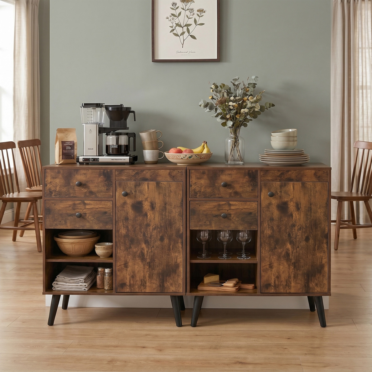 JV13834CF 31 in. Sideboard Cabinet with 2 Open Compartments & 2 Drawers - Rustic Brown
