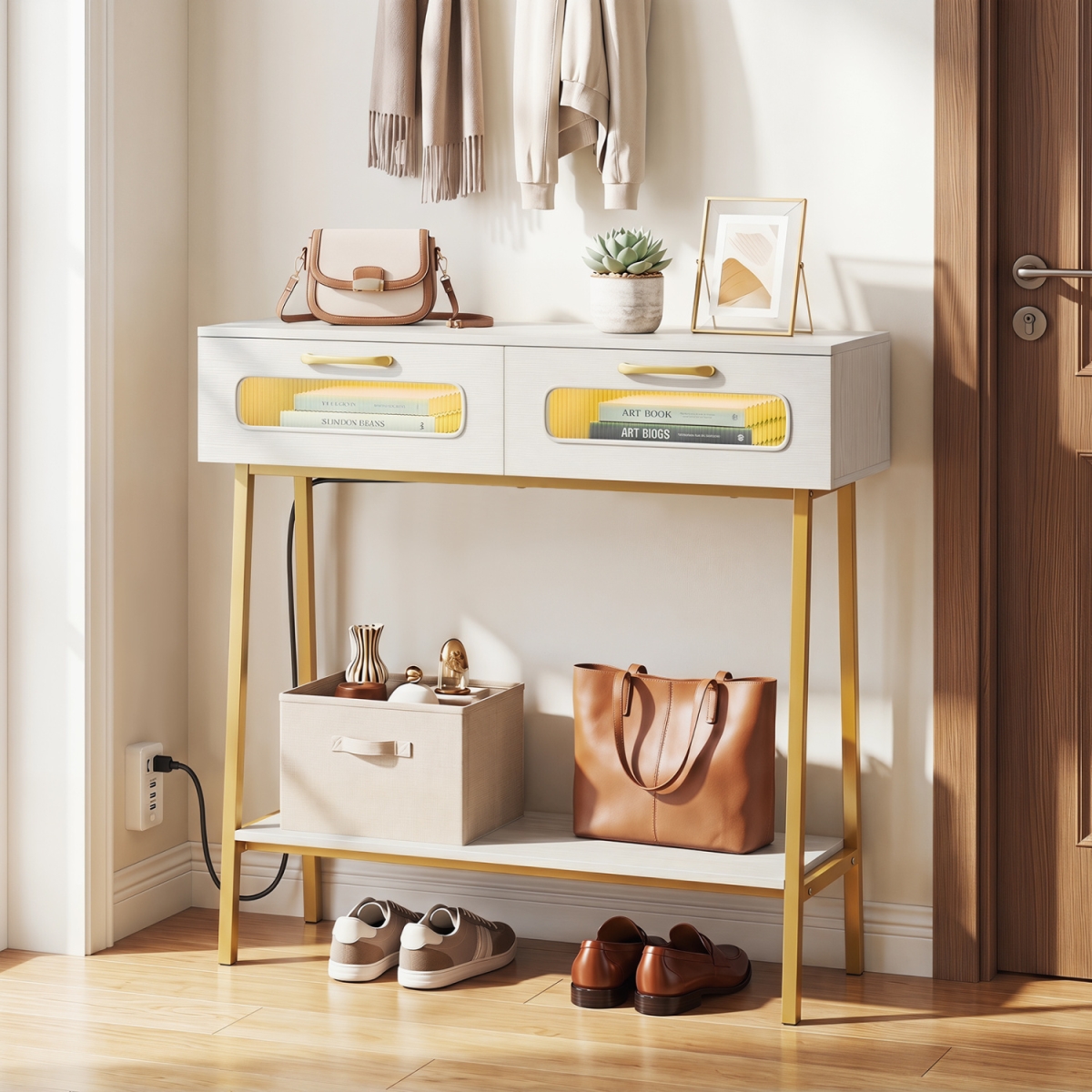 JV13897WH Console Table with LED Lights & Open Shelf for Hallway Entrance - White