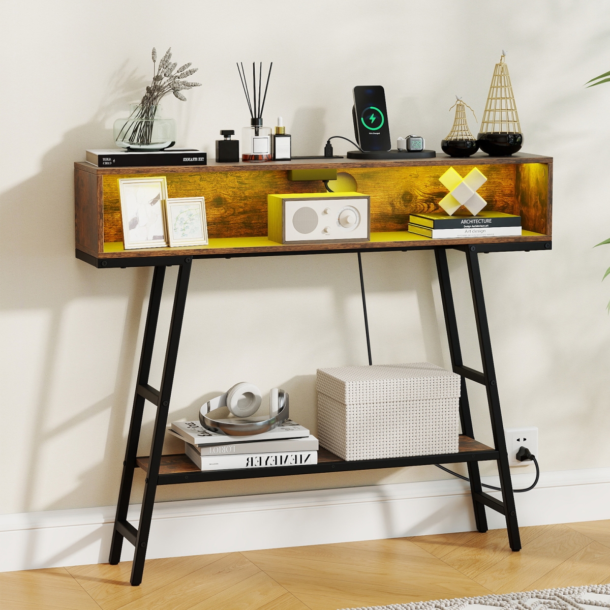 JV13573US-CF 40 in. Console Table with Charging Station & LED Lights - Rustic Brown