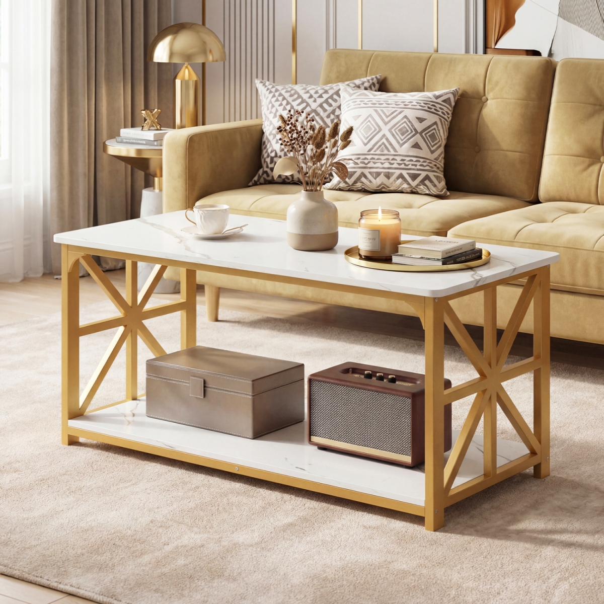 JV13785WH Coffee Table 2-Tier Center Table with Storage Shelf - White & Golden
