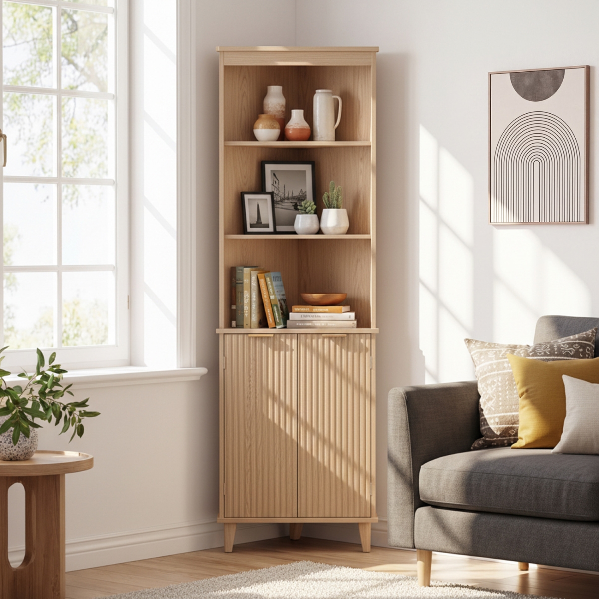 JV13810OA 68 in. Tall Corner Cabinet with Fluted Doors for Bathroom - Oak