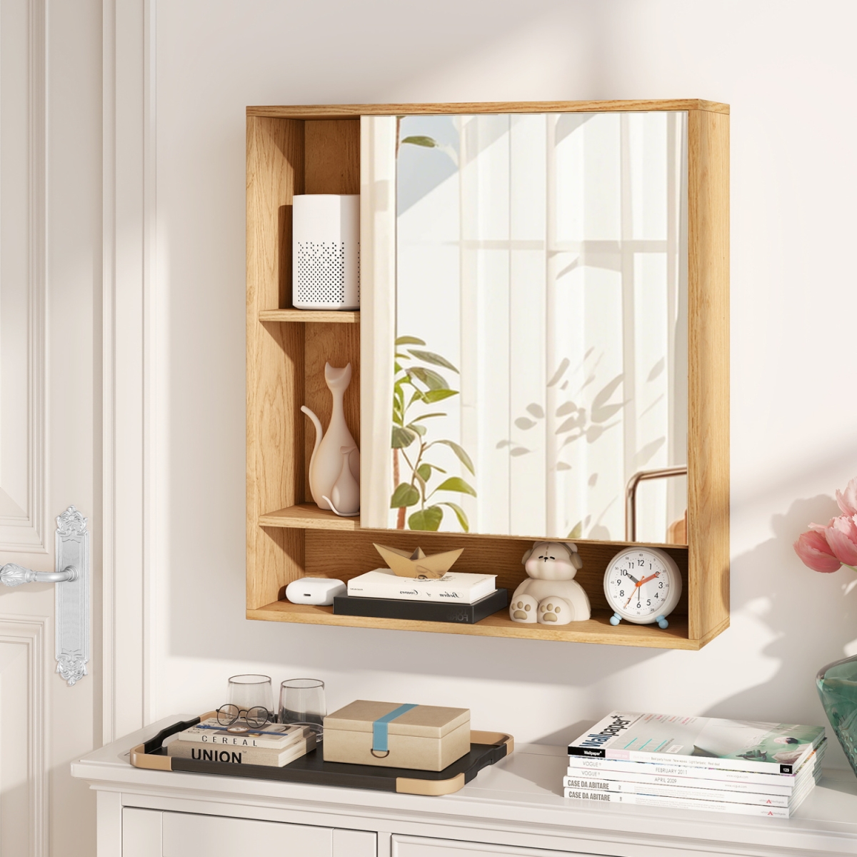 JV13907NA Wall Mounted Bathroom Cabinet with Mirror Single Door - Natural