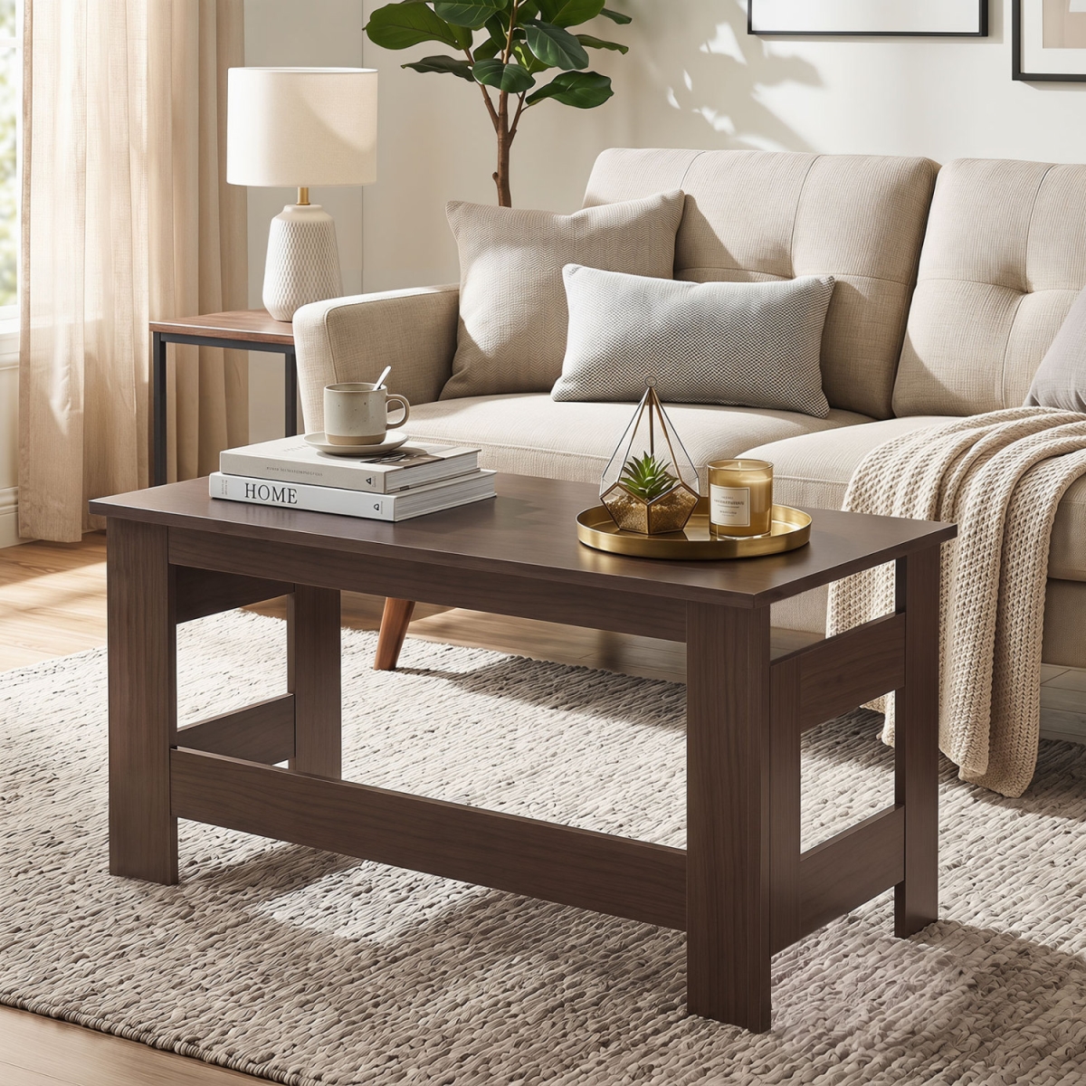 JV14168CF Portable Low Floor Table with Foldable Legs for Living Room - Brown