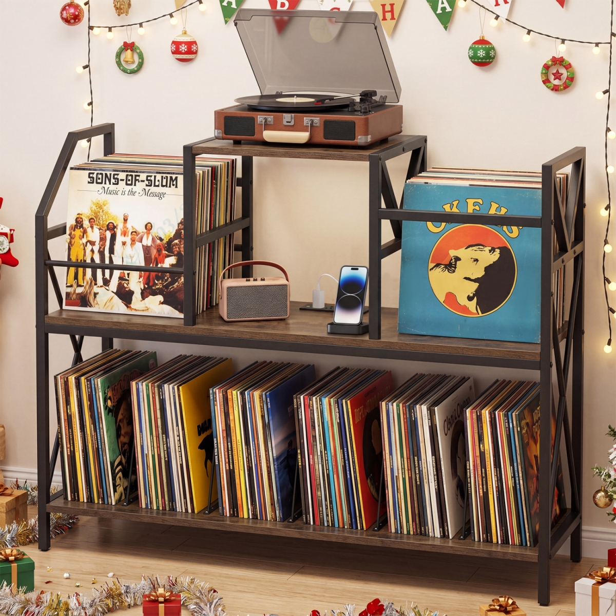 JV14190US-CF Record Player Stand with Power Outlets & Vinyl Storage & Dividers for Albums - Rustic Brown