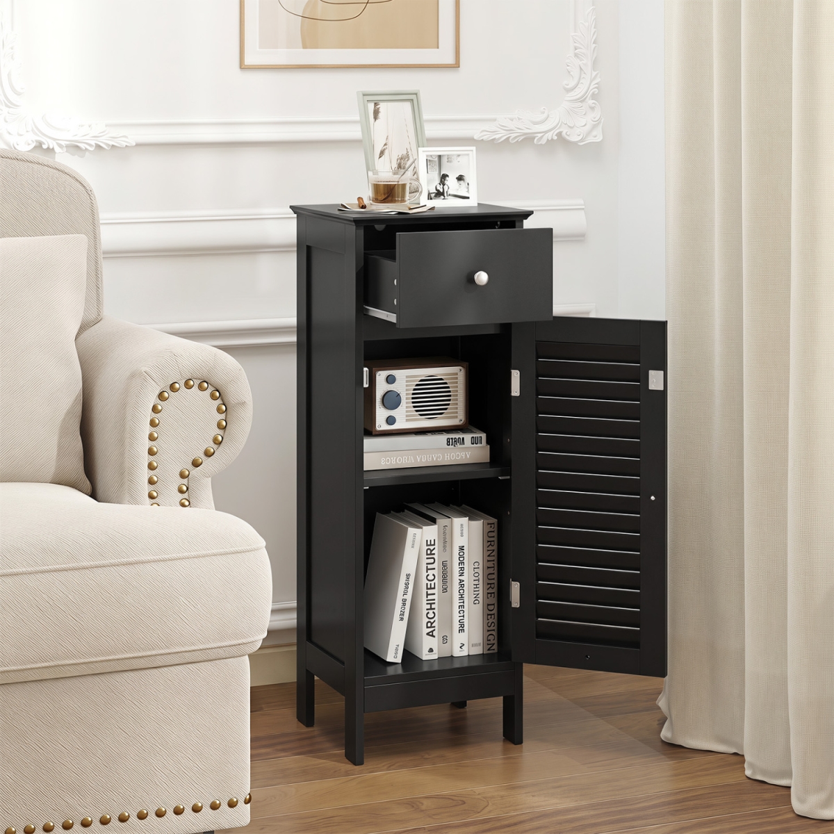 JV14195BK Narrow Bathroom Storage Cabinet with Adjustable Shelf & Drawer - Black
