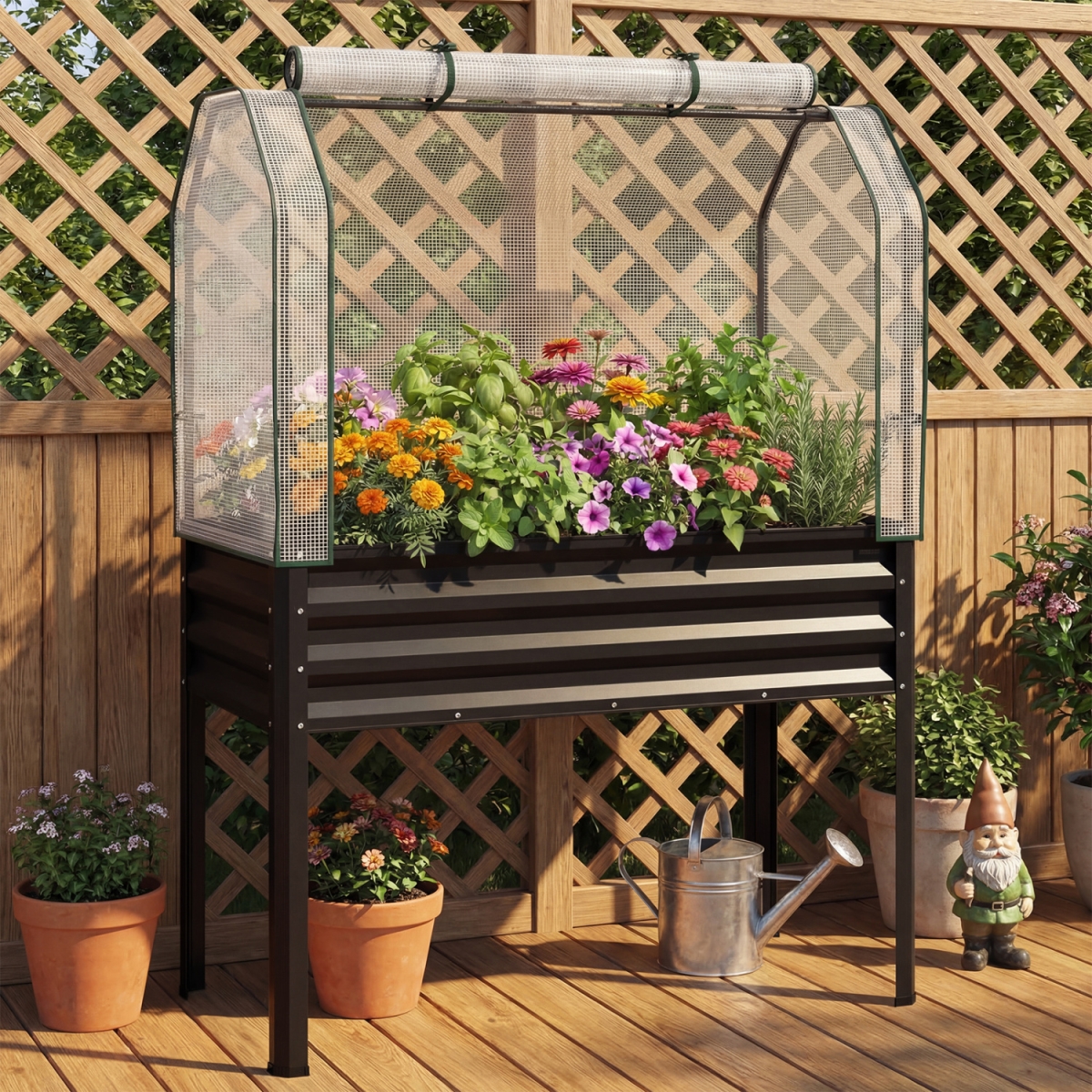GT4761BK-2 Galvanized Raised Garden Bed with Legs & Greenhouse Cover for Vegetable Flower - Black - 2 Piece