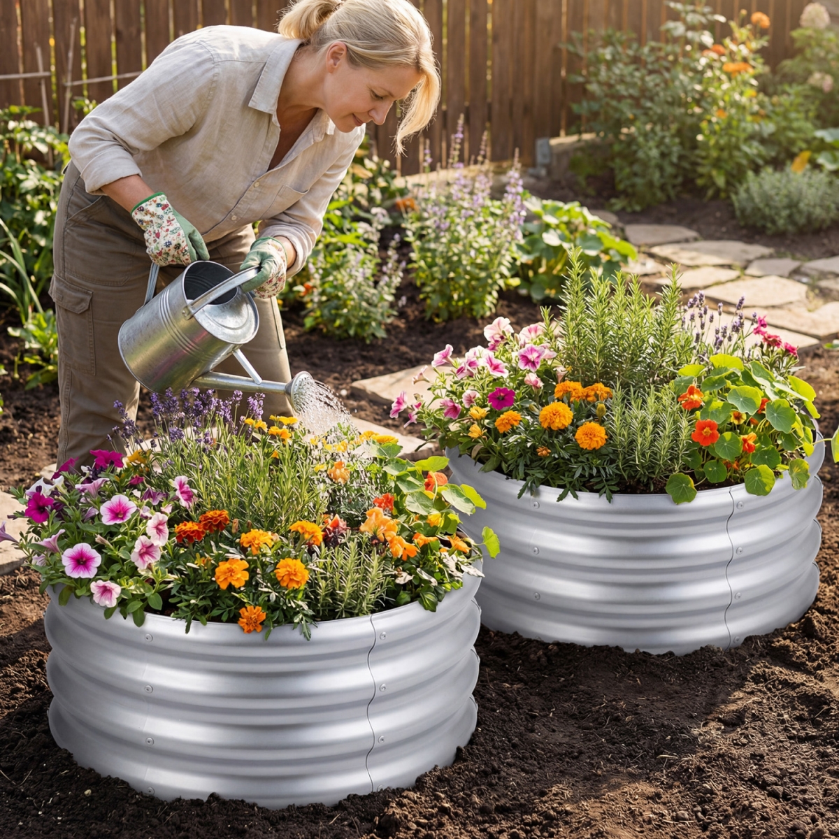 GT4771SL Round Galvanized Raised Garden Bed with Open-Ended Base - Silver - Small