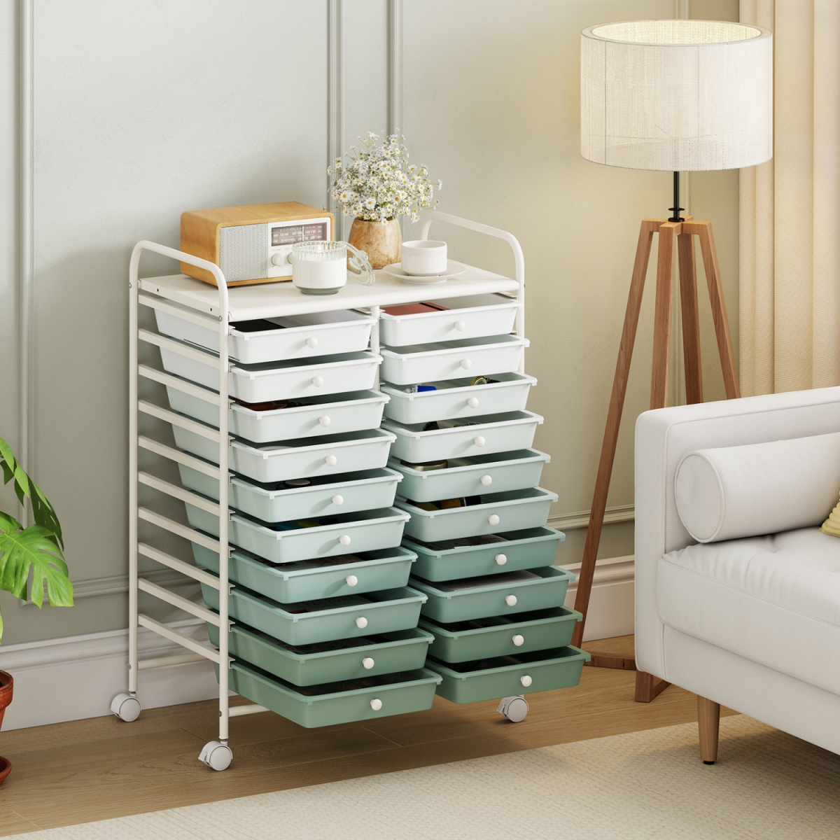 HW56501QR 20 Drawers Rolling Storage Cart Studio Organizer - Gradient Green