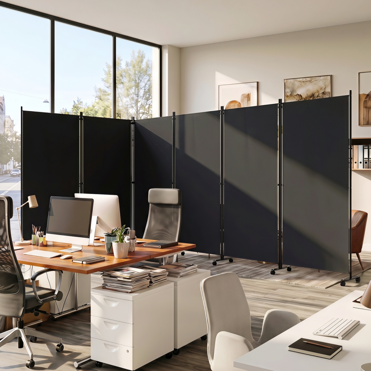 JV14585BK 6 Panel Folding Privacy Screen Room Divider with Wheels - Black