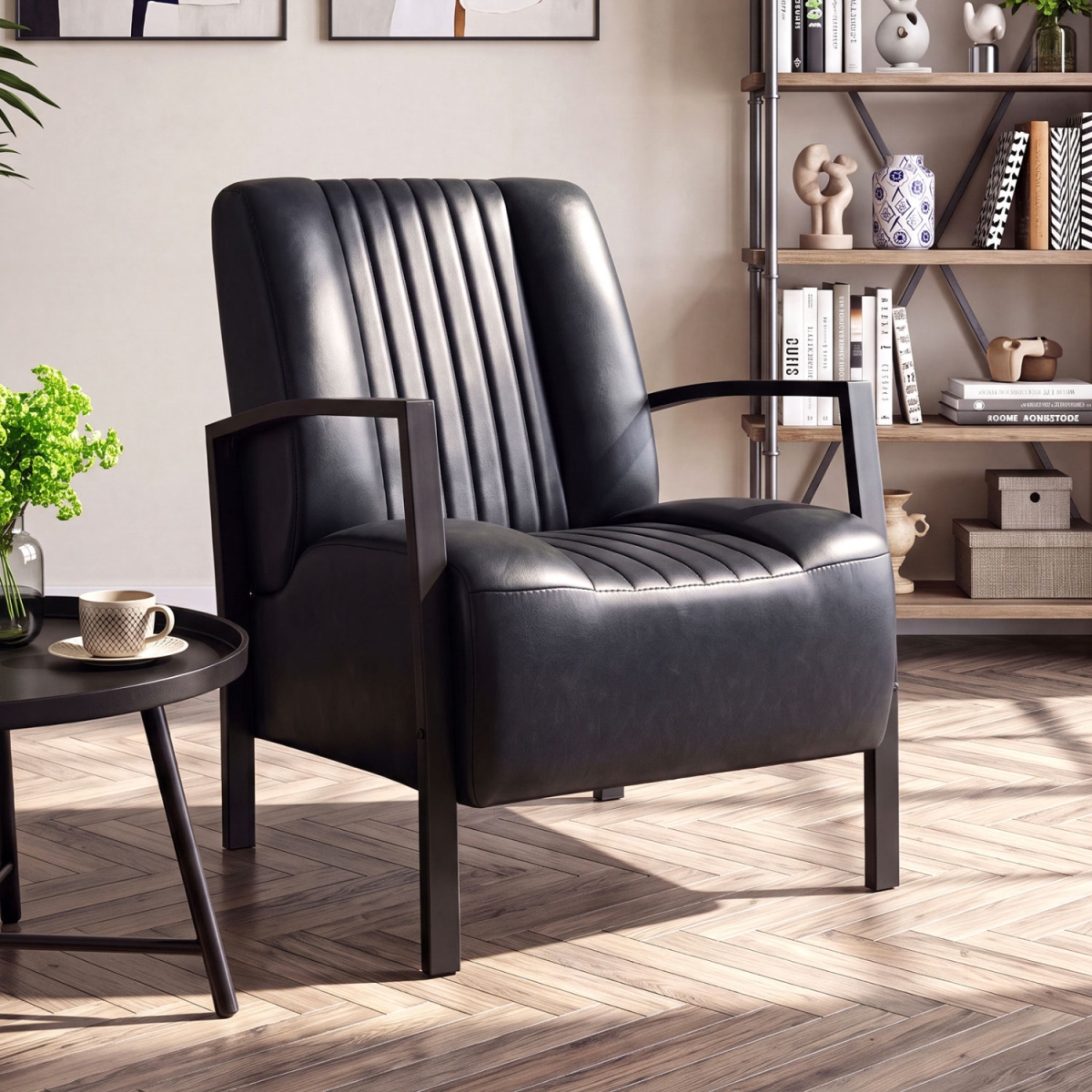 JV14628DK PU Leather Upholstered Armchair with Padded Seat & Back Comfy Lounge Reading Chair - Black