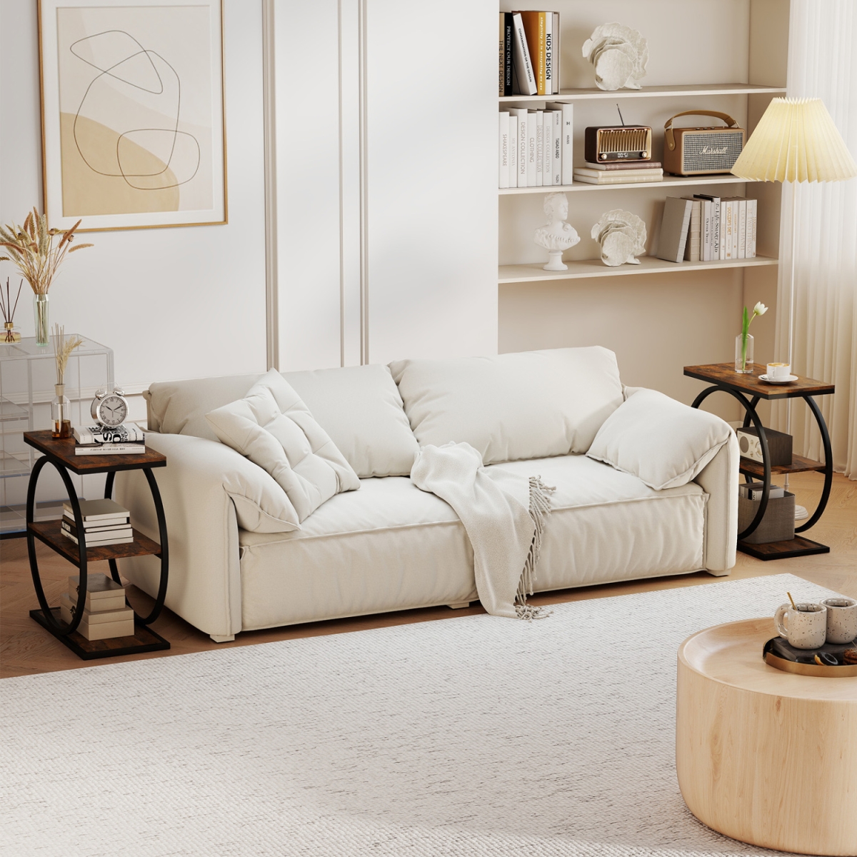 JV14725CF-2 Industrial Faux Marble Side Table with Metal Frame for Small Spaces - Rustic Brown - Set of 2