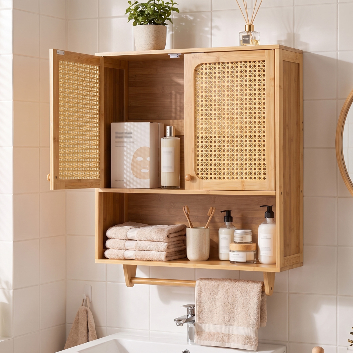 JV14755NA Bamboo Bathroom Wall Cabinet with Towel Rack & Ventilated Doors, Natural
