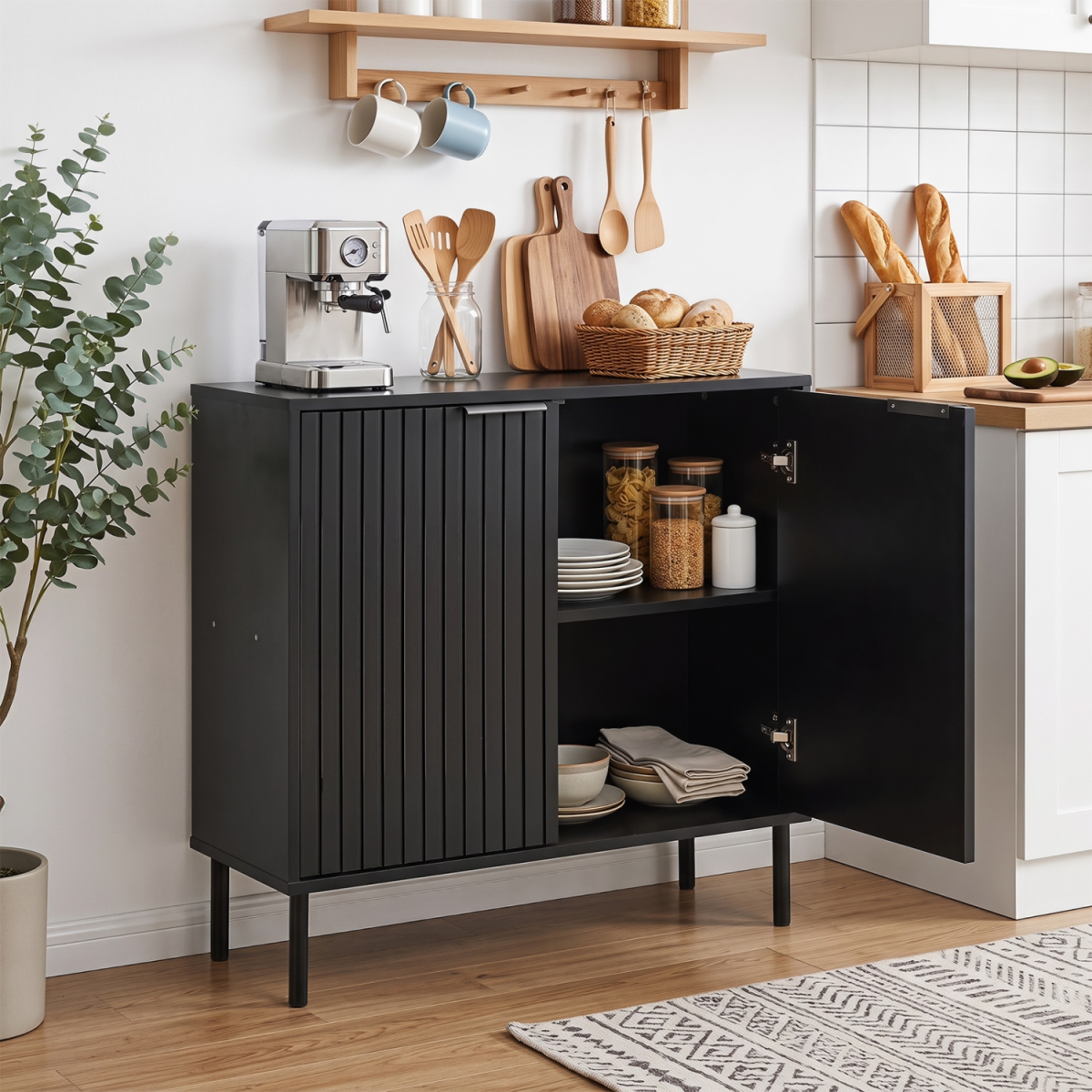 JV14801BK Fluted Buffet Cabinet with 2-Door Sideboard for Kitchen & Dining Room - Black