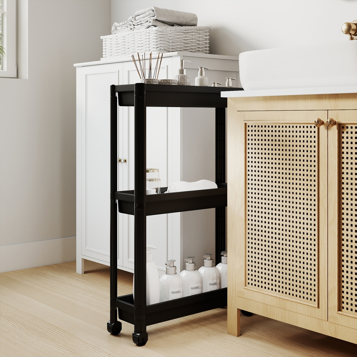JZ10419BK 3-Tier Slim Rolling Storage Cart Mobile Bathroom Organizer with Wheels - Black - Pack of 2