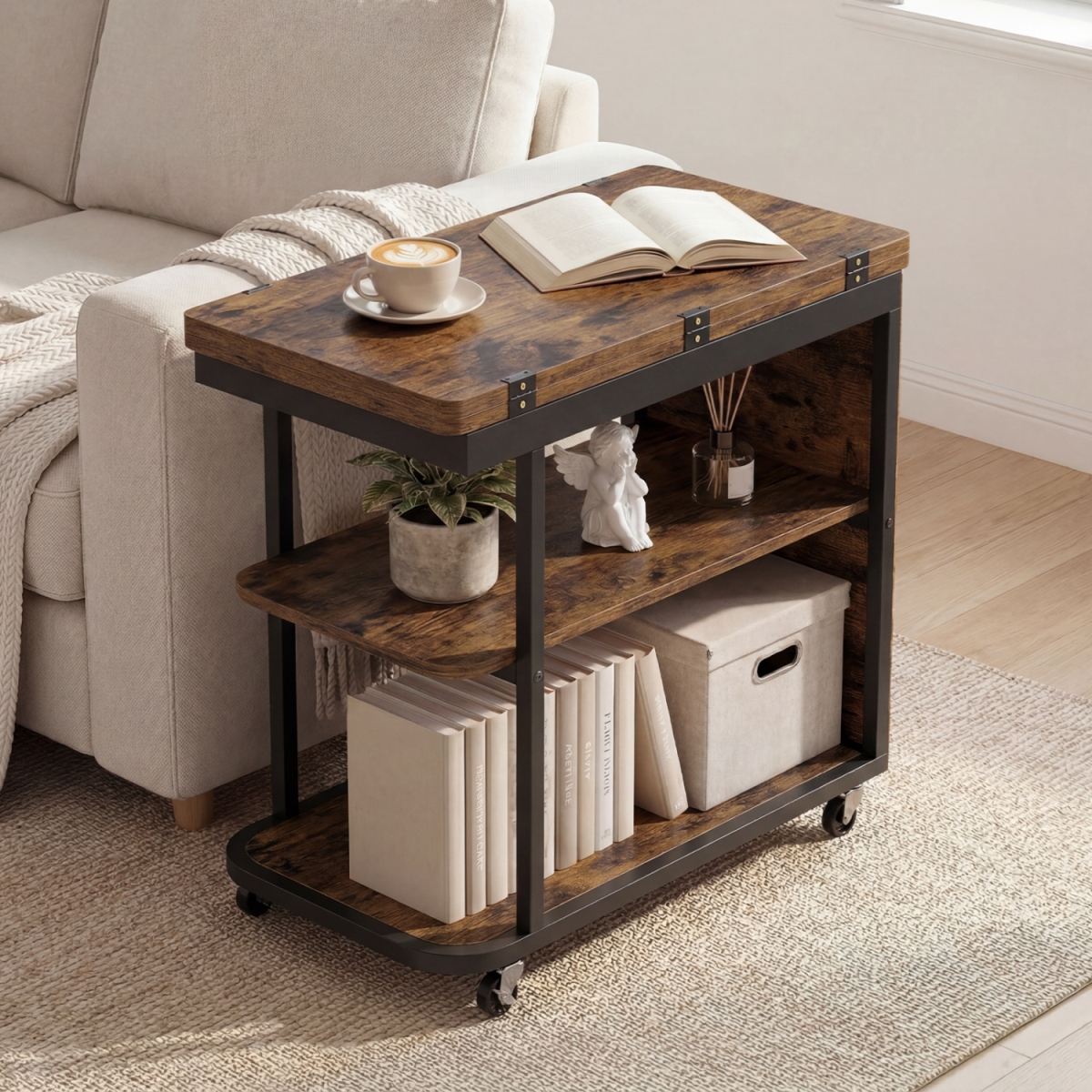 JV13617CF Mobile Night Stand with Foldable Swivel Top & 2-Tier Shelf for Small Spaces - Rustic Brown