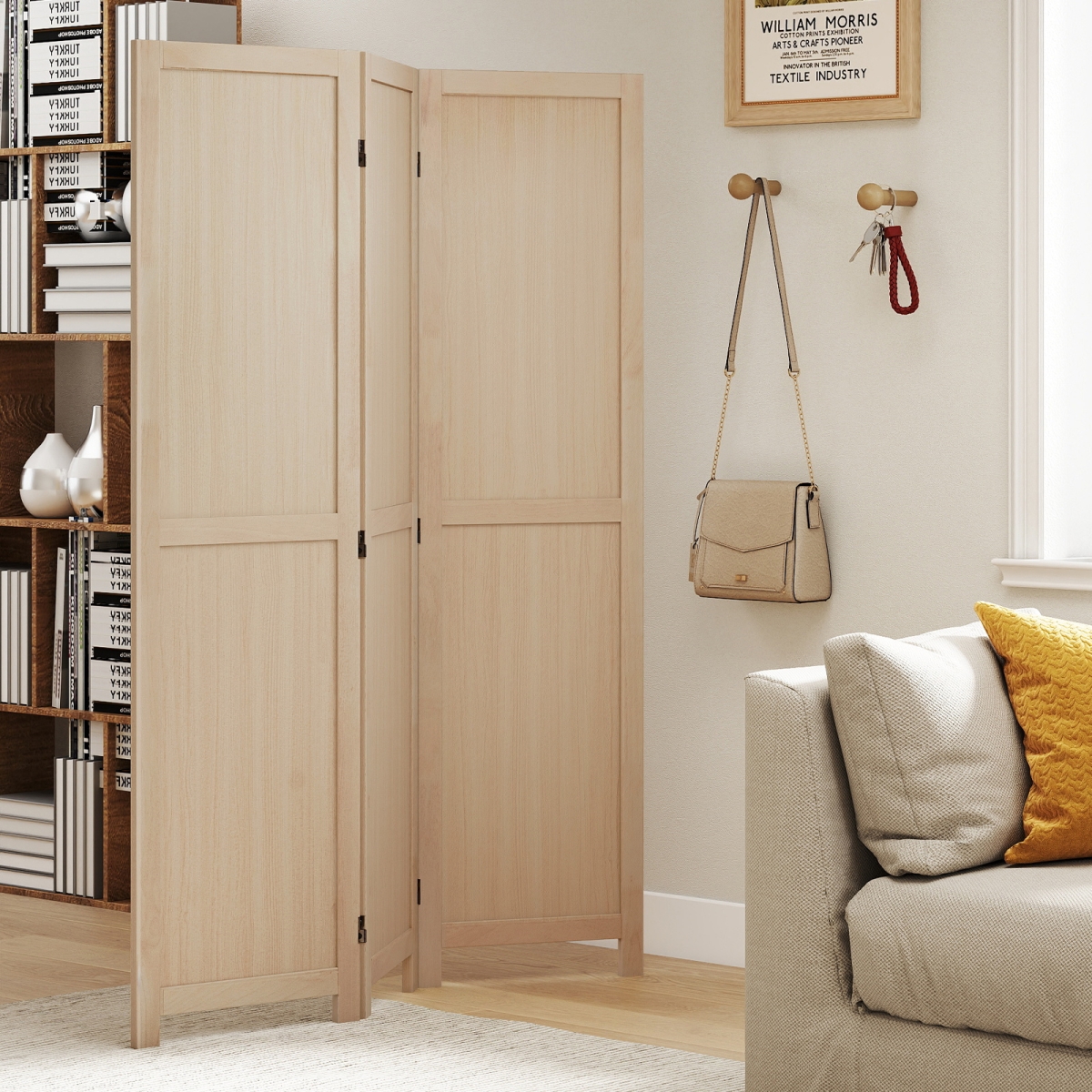 JV13665BE 3 Panel Folding Room Divider for Home Office Bedroom Restaurant - Beige