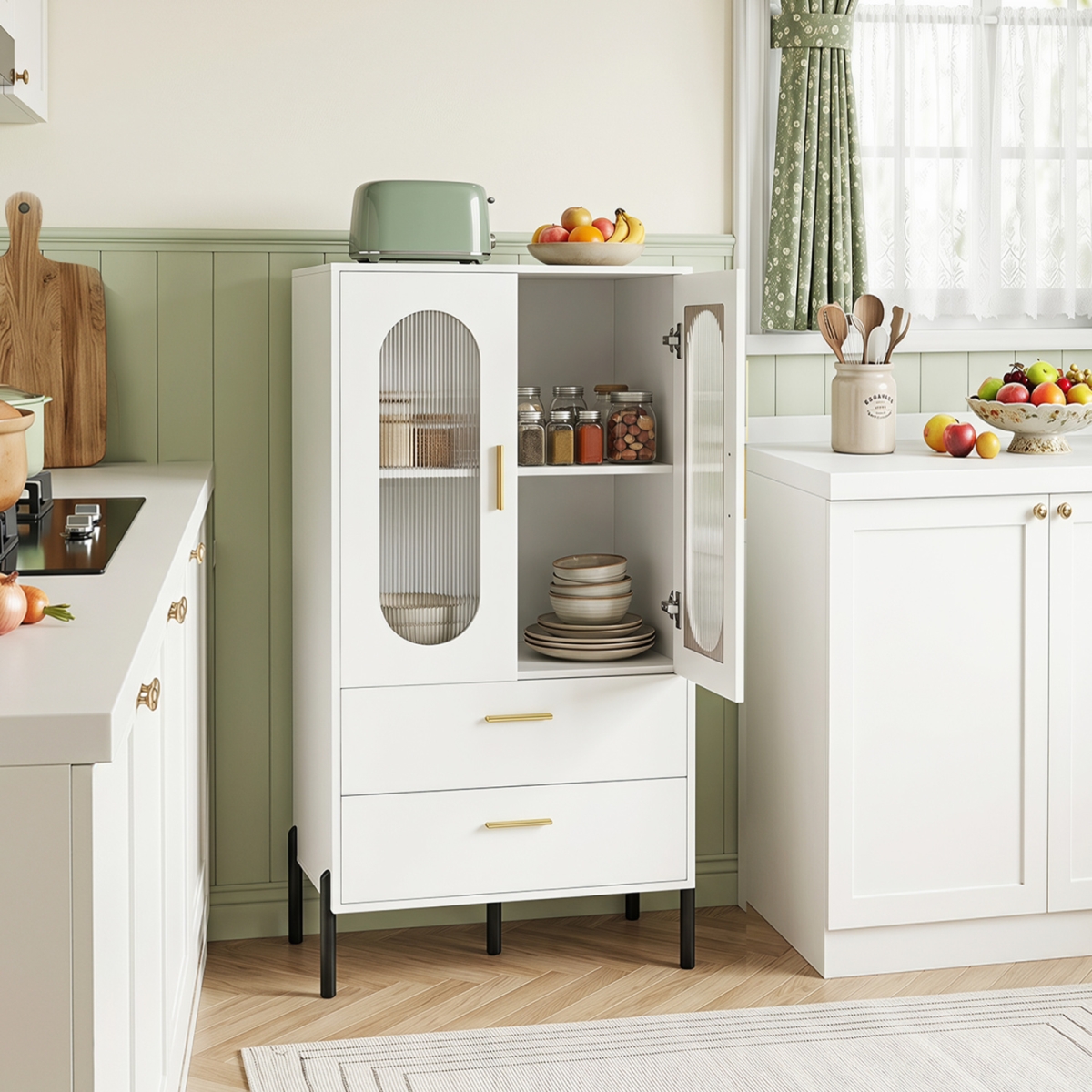 JV13731WH Modern Sideboard Buffet Cabinet with Fluted Doors - White