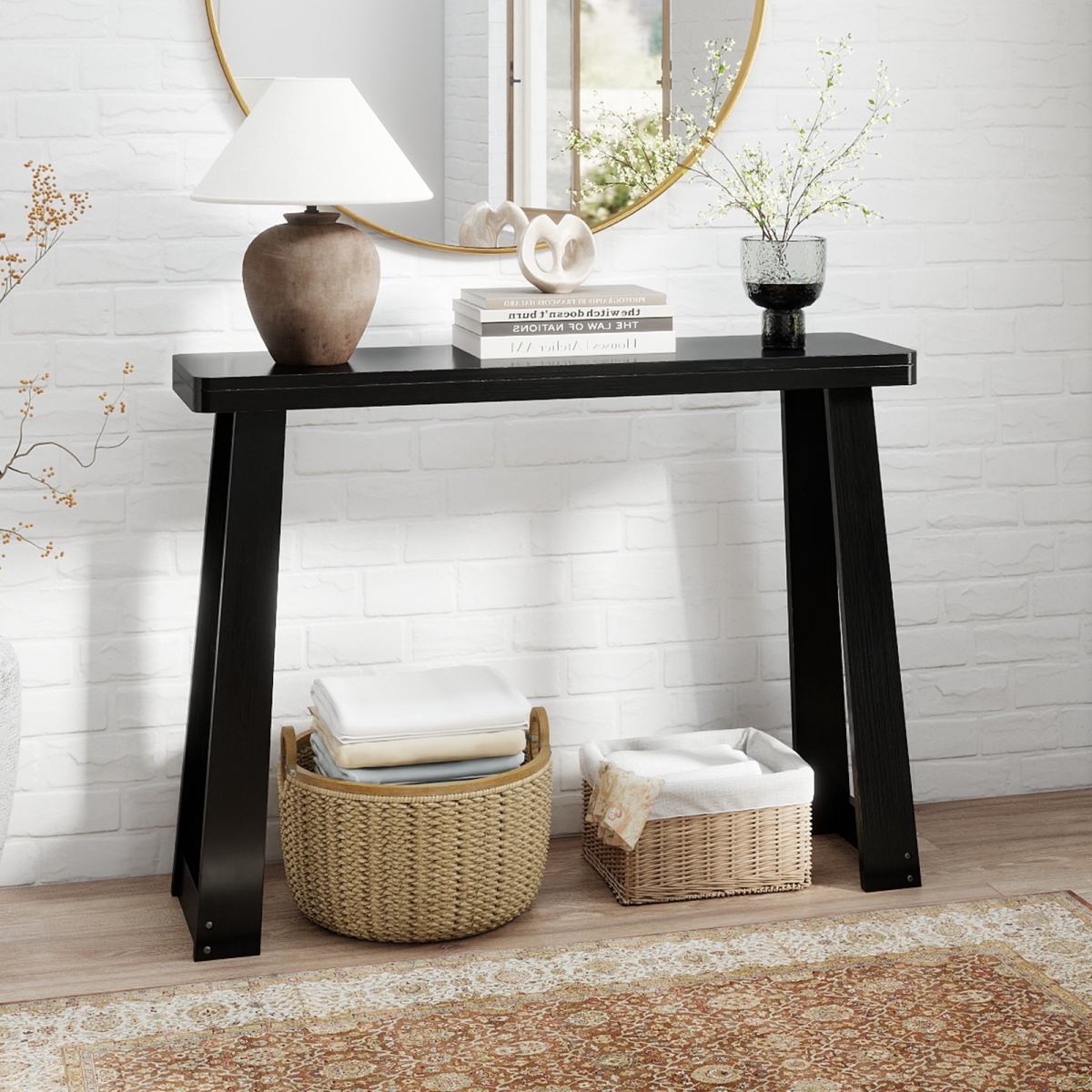 JV13733DK Solid Rubber Wood Console Table 43 in. Narrow Entryway Table with Thick Tabletop & Stable Base - Black