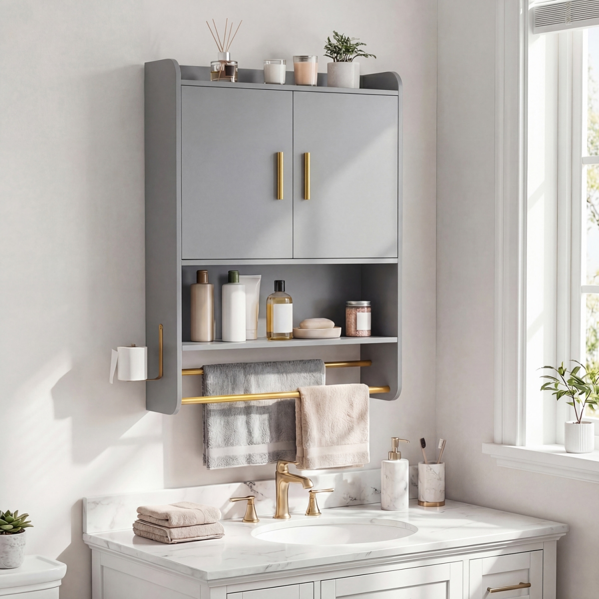 BA8491GR Bathroom Wall Cabinet Wall Mounted Medicine Cabinet with Towel Bars - Gray