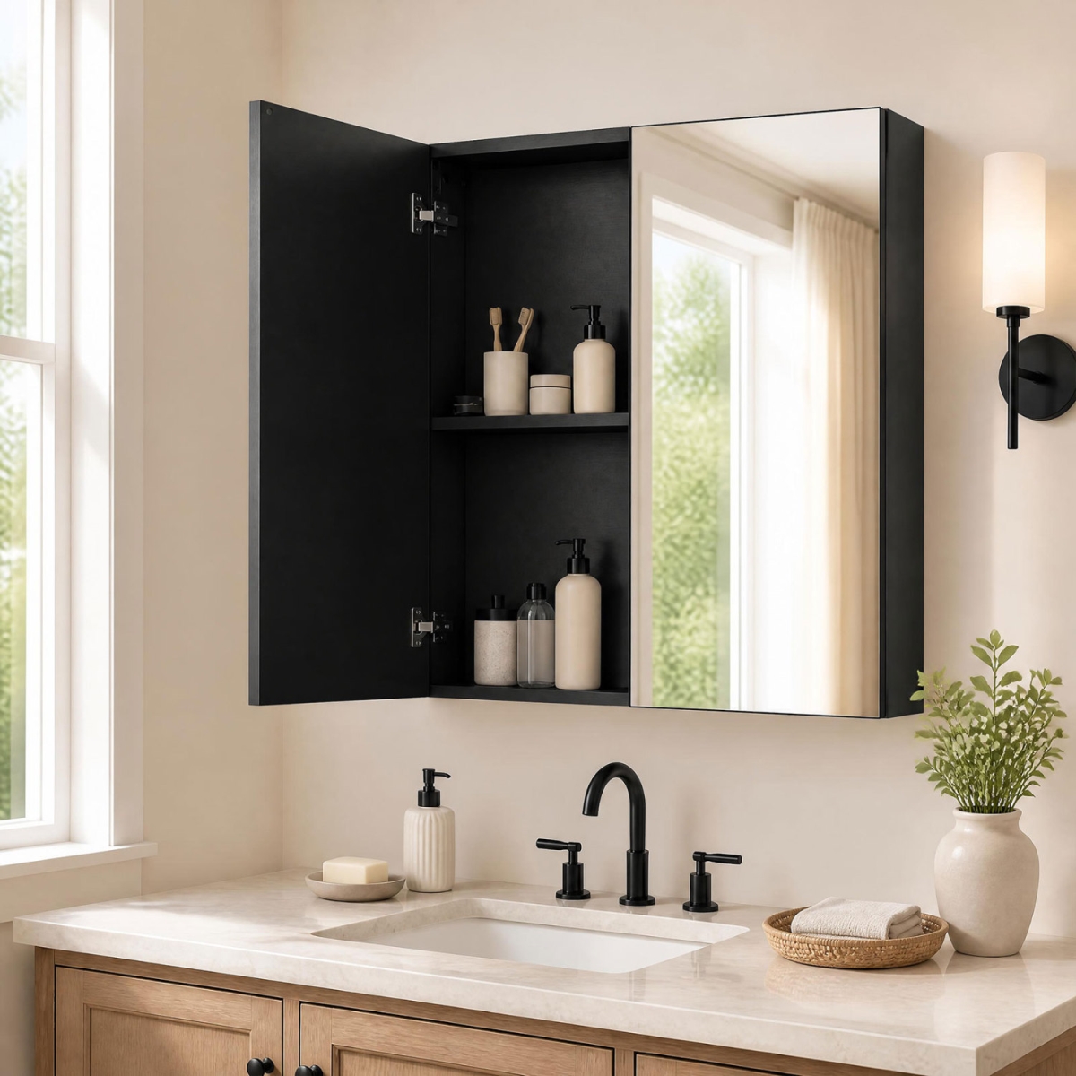 BA8521DK Bathroom Wall Cabinet with 2 Mirrored Doors for Laundry Entryway - Black