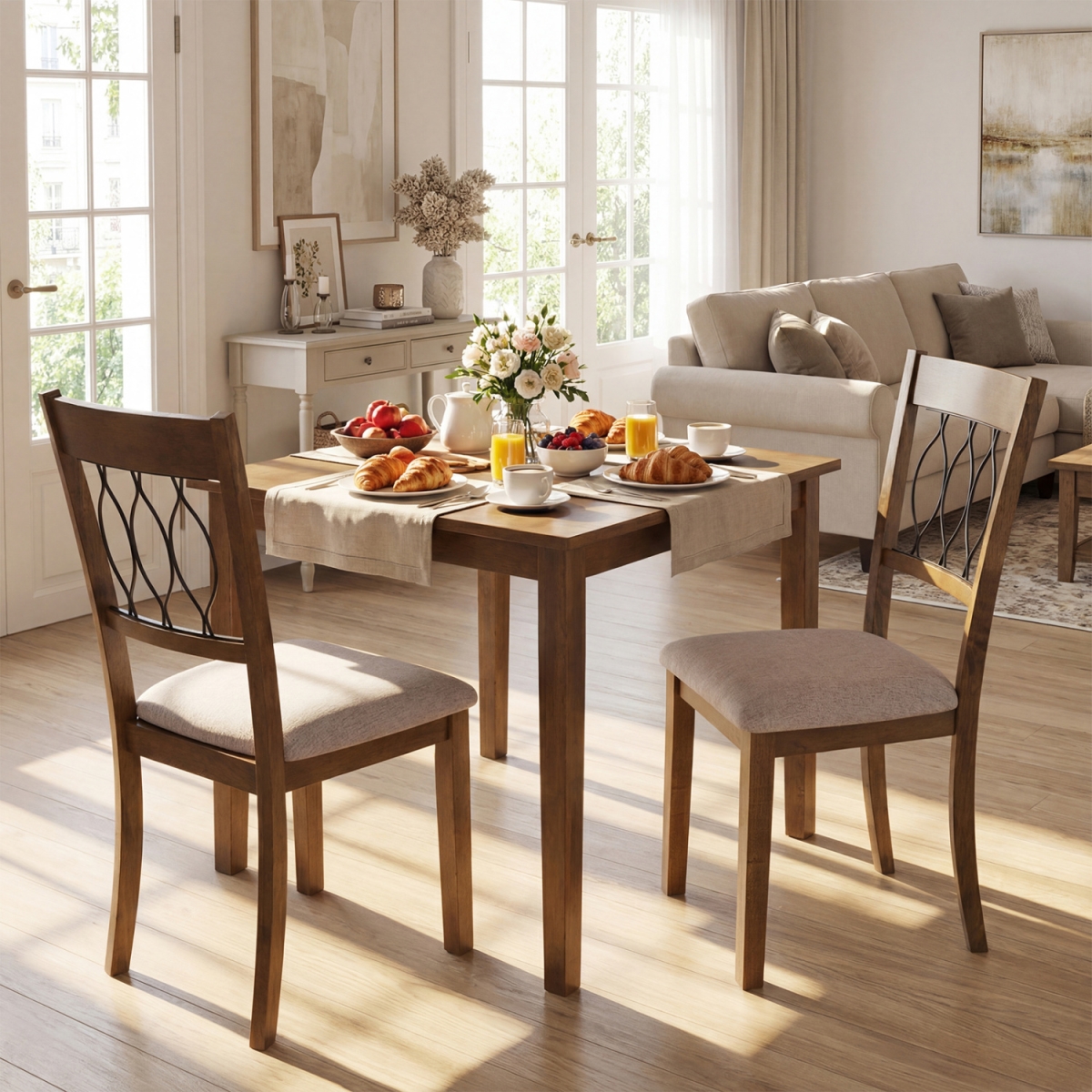 KC59237CF-2 Dining Chair Fabric & Faux Leather Upholstered with Padded Seat - Rustic Brown - Set of 2