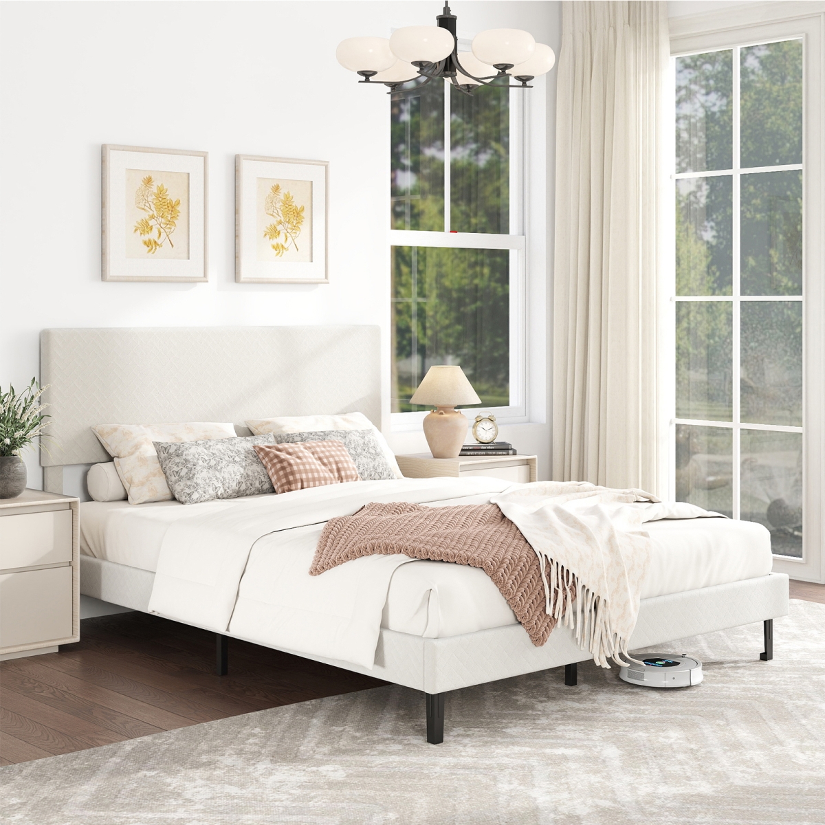 HU11098US-QBE Queen Size Velvet Upholstered Platform Bed Frame with Chevron Headboard - Beige