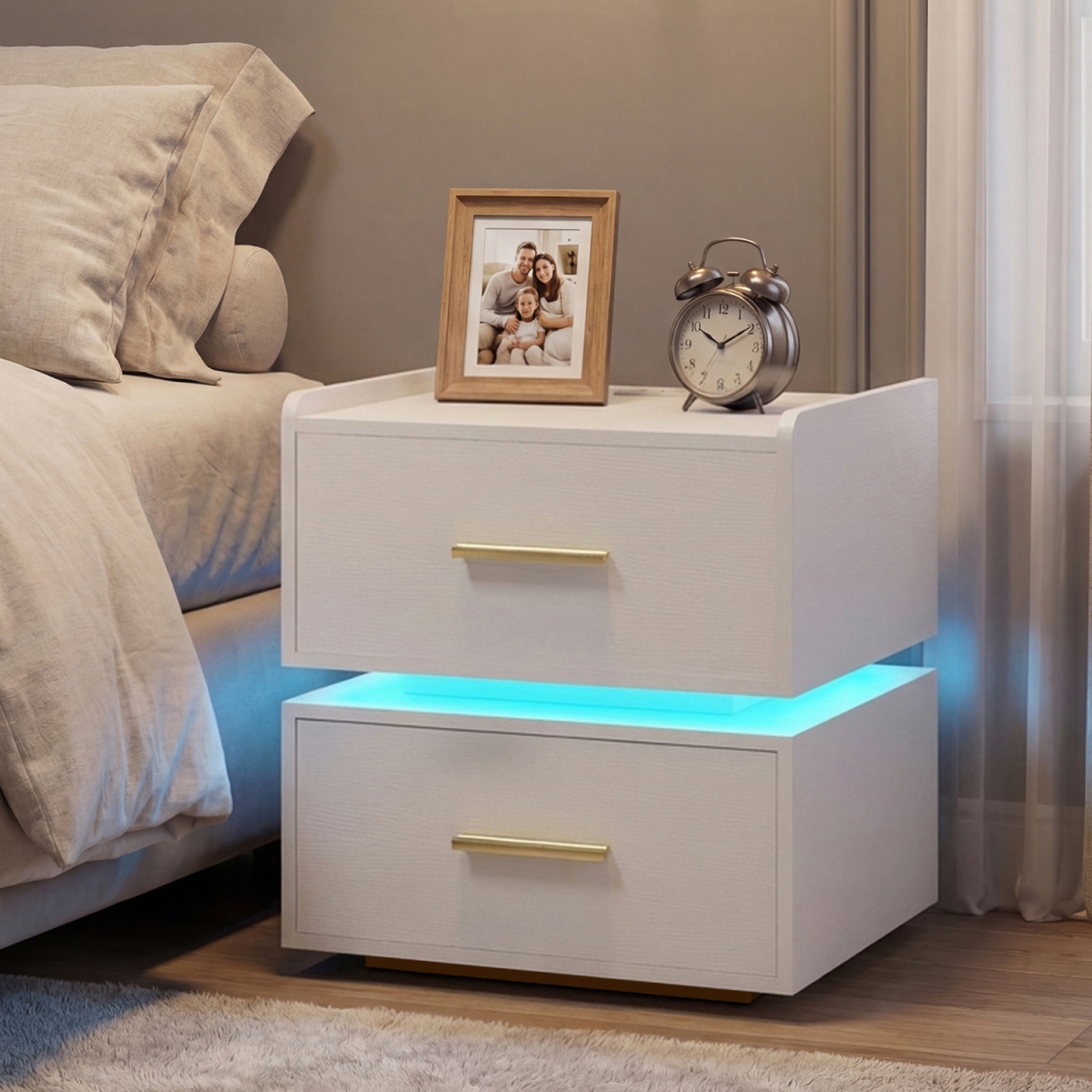 HU11278US-WH Nightstand with Charging Station LED Bedside Table with 2 Storage Drawers - White
