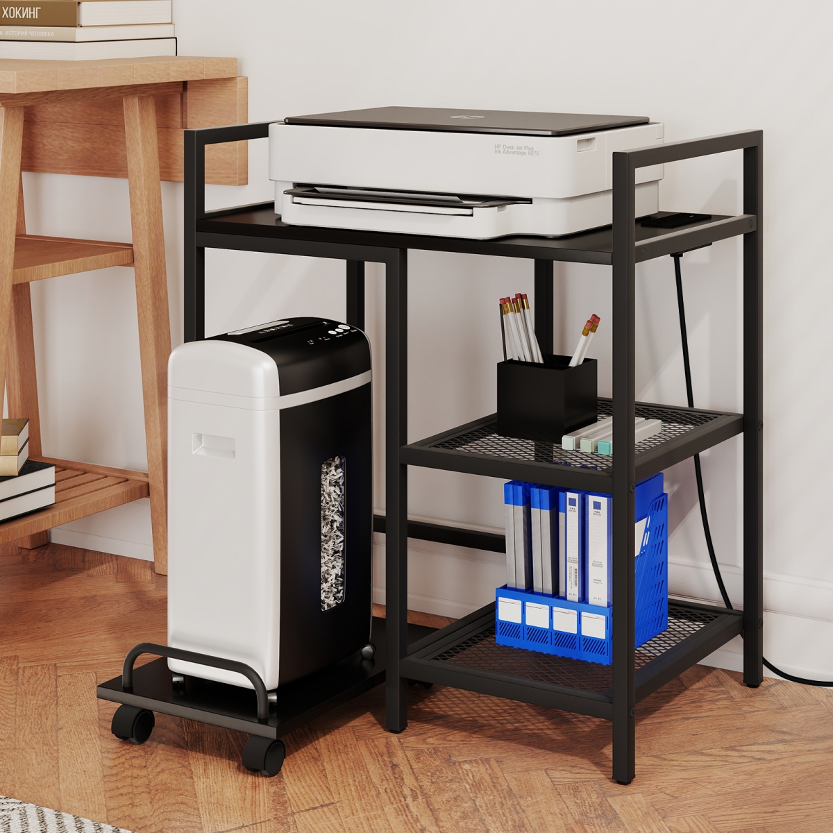 JV13097US-DK Printer Stand with Charging Station & Storage Shelves - Black